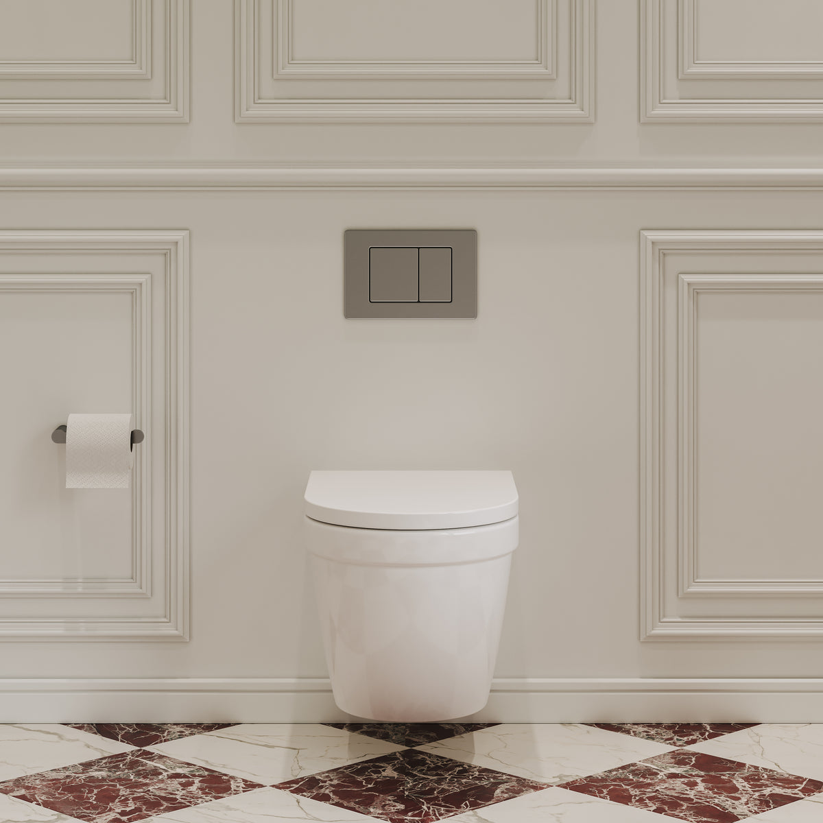 Eton Traditional Wall Hung Rimless White Toilet with Concealed Cistern Frame & Brushed Stainless Flush Plate