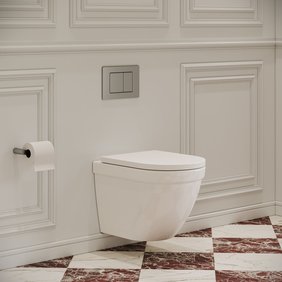 Eton Traditional Wall Hung Rimless White Toilet with Concealed Cistern Frame & Brushed Stainless Flush Plate