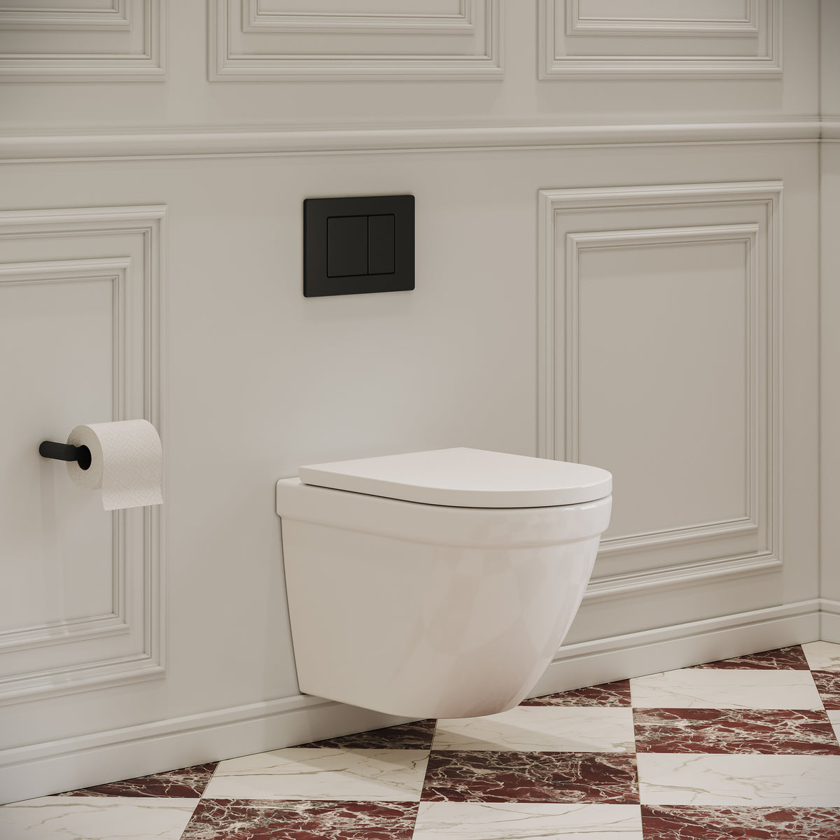 Eton Traditional Wall Hung Rimless White Toilet with Concealed Cistern Frame & Matte Black Flush Plate