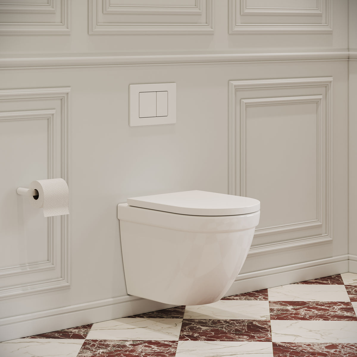Eton Traditional Wall Hung Rimless White Toilet with Concealed Cistern Frame & Matte White Flush Plate