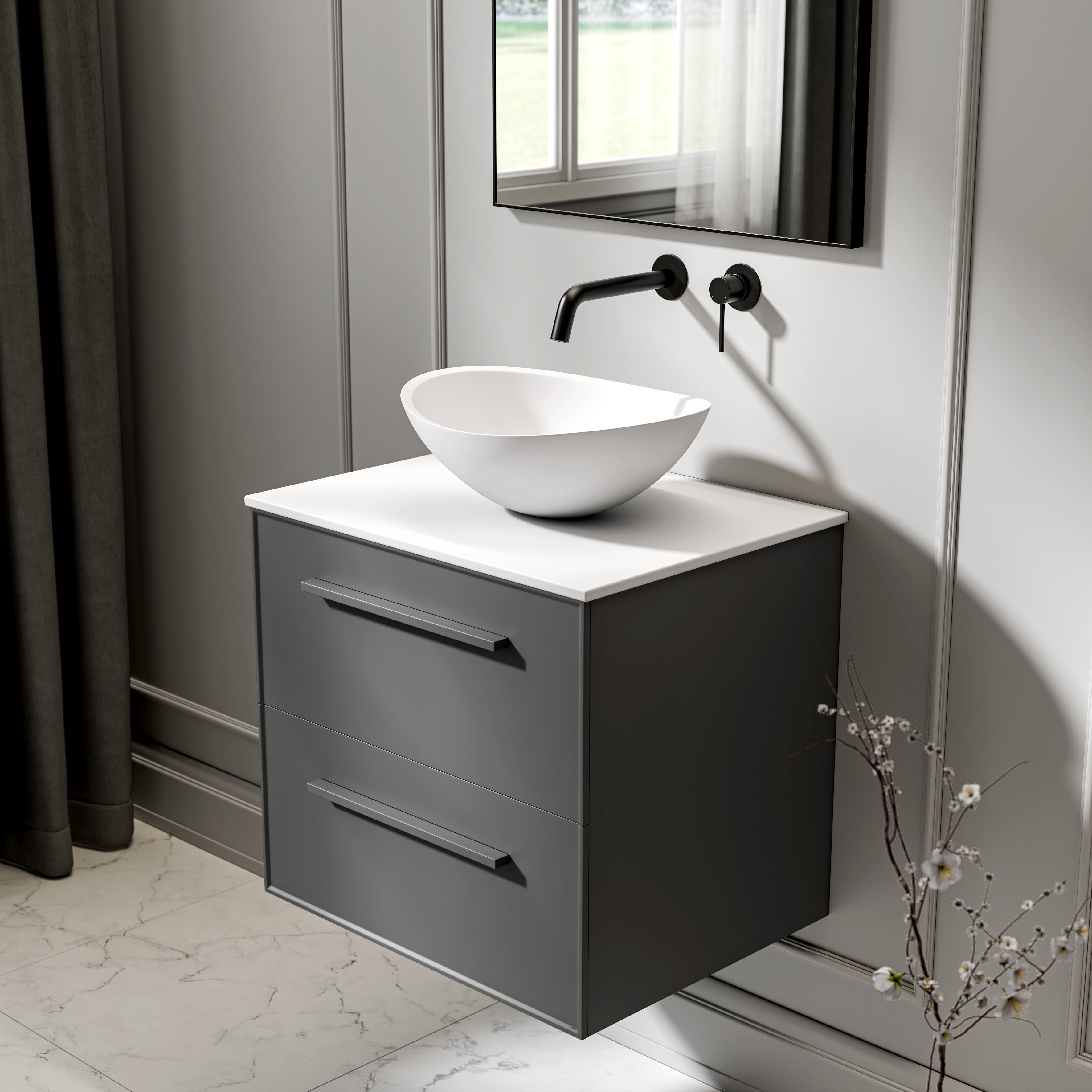 Farringdon Vanity Unit with Stone Countertop (Matte Anthracite 600mm)