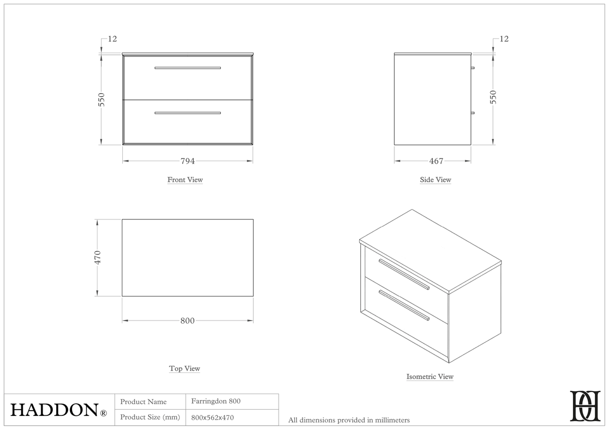 Farringdon Vanity Unit with Stone Countertop (Matte Cappuccino 800mm) – dimensions