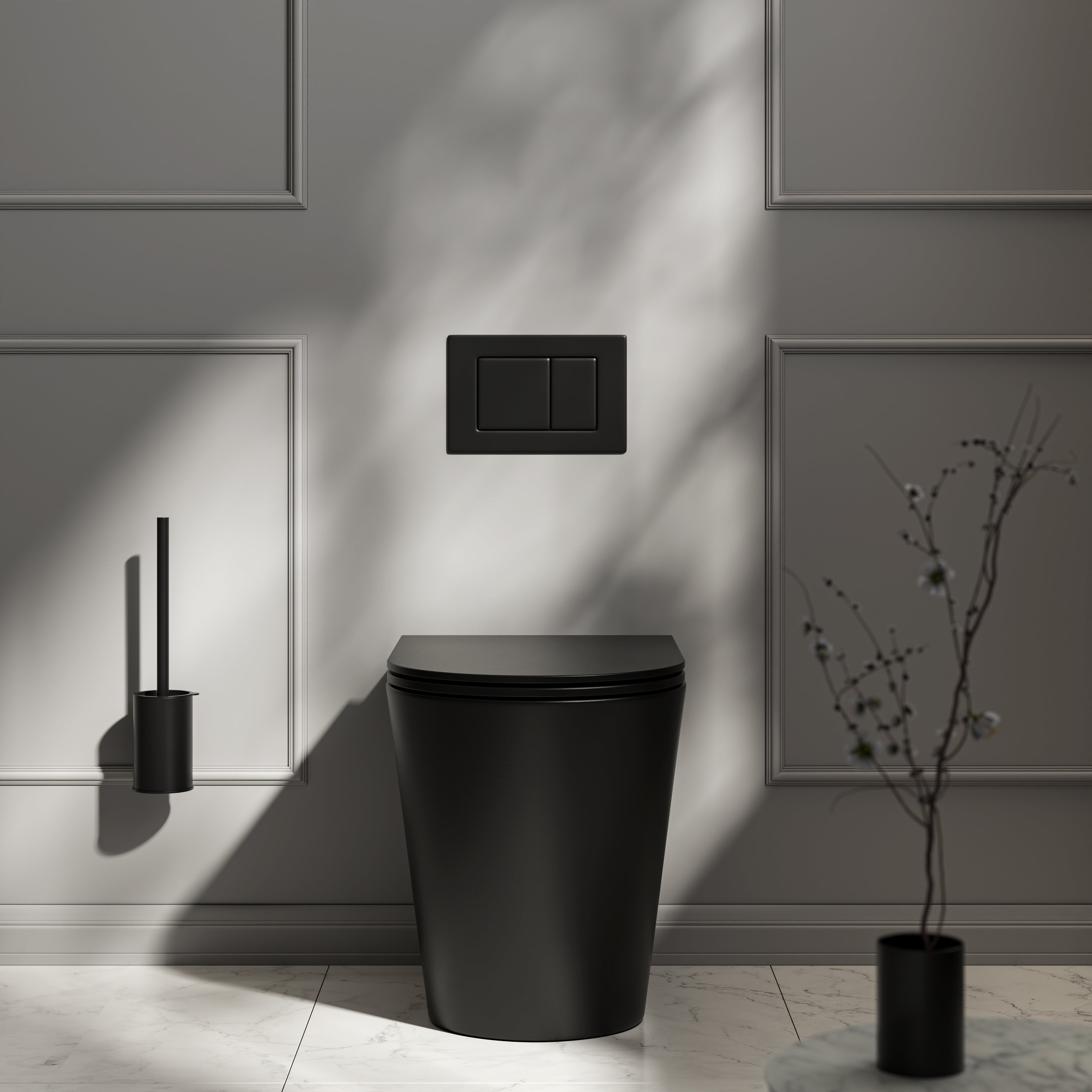 Nuvo Back to Wall Rimless Matte Black Toilet with Concealed Cistern & Matte Black Flush Plate