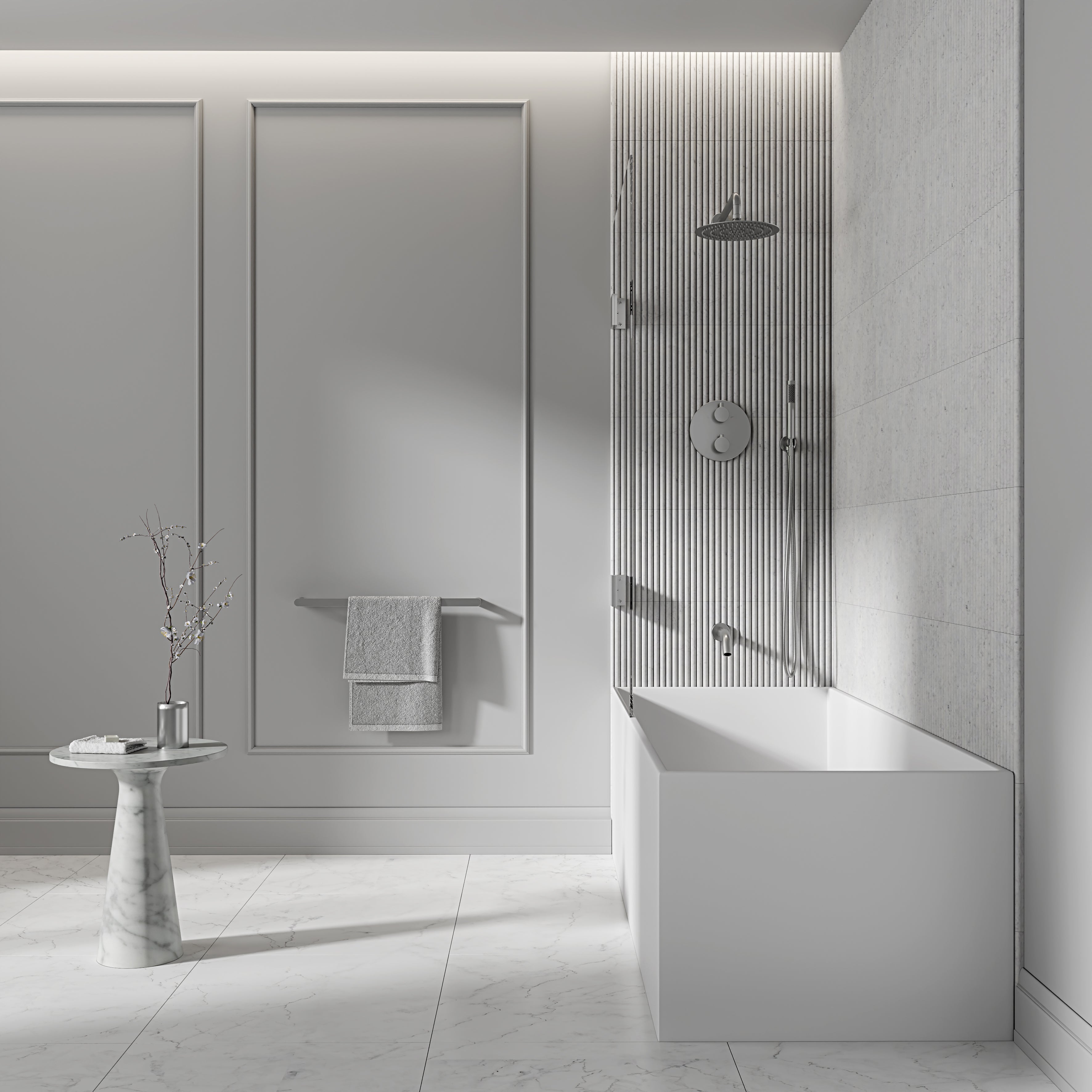 Nuvo Brushed Stainless 3-Way Thermostatic Shower With Handheld Shower & Bath Spout