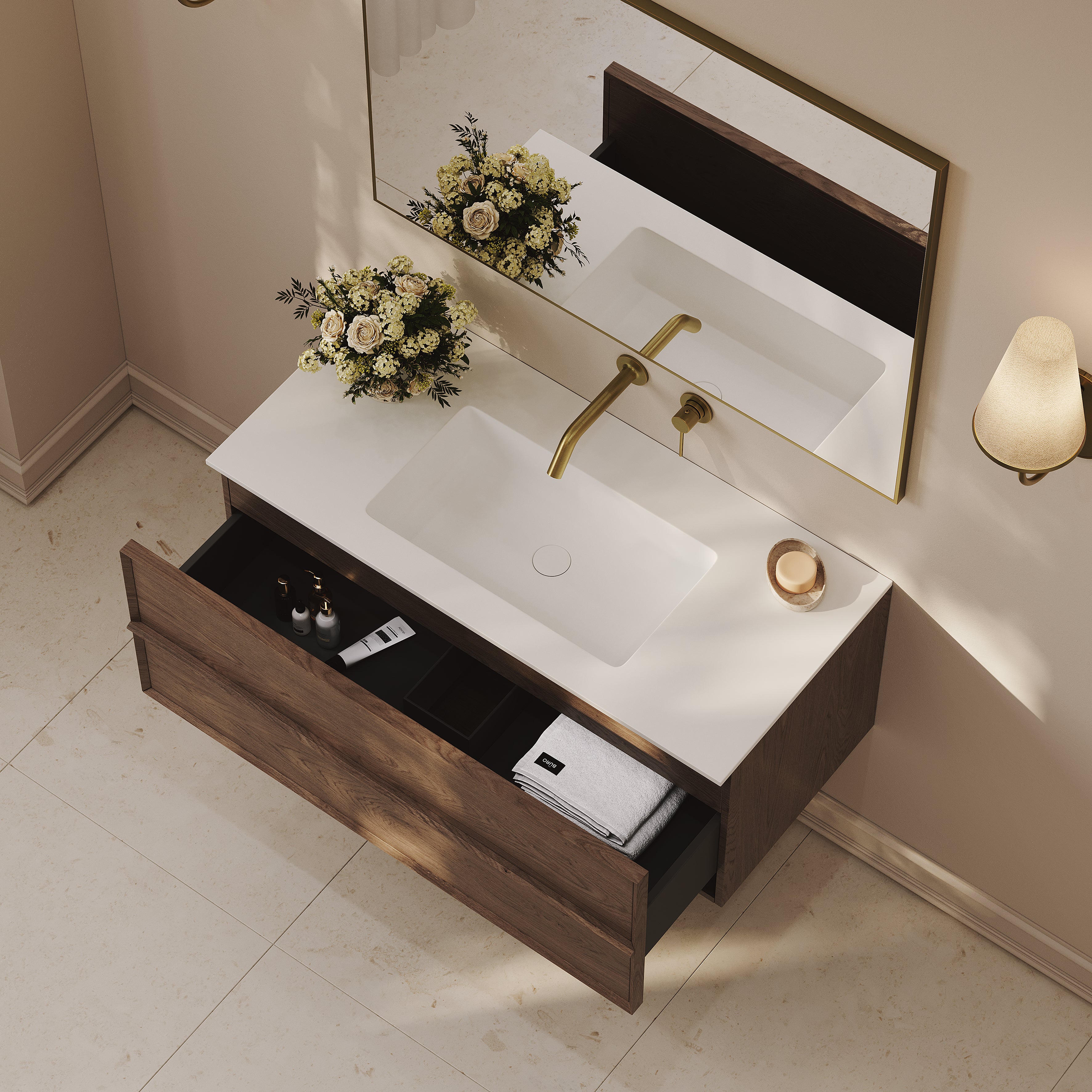 Kingham Vanity Unit with Stone Basin (Walnut 1000mm)