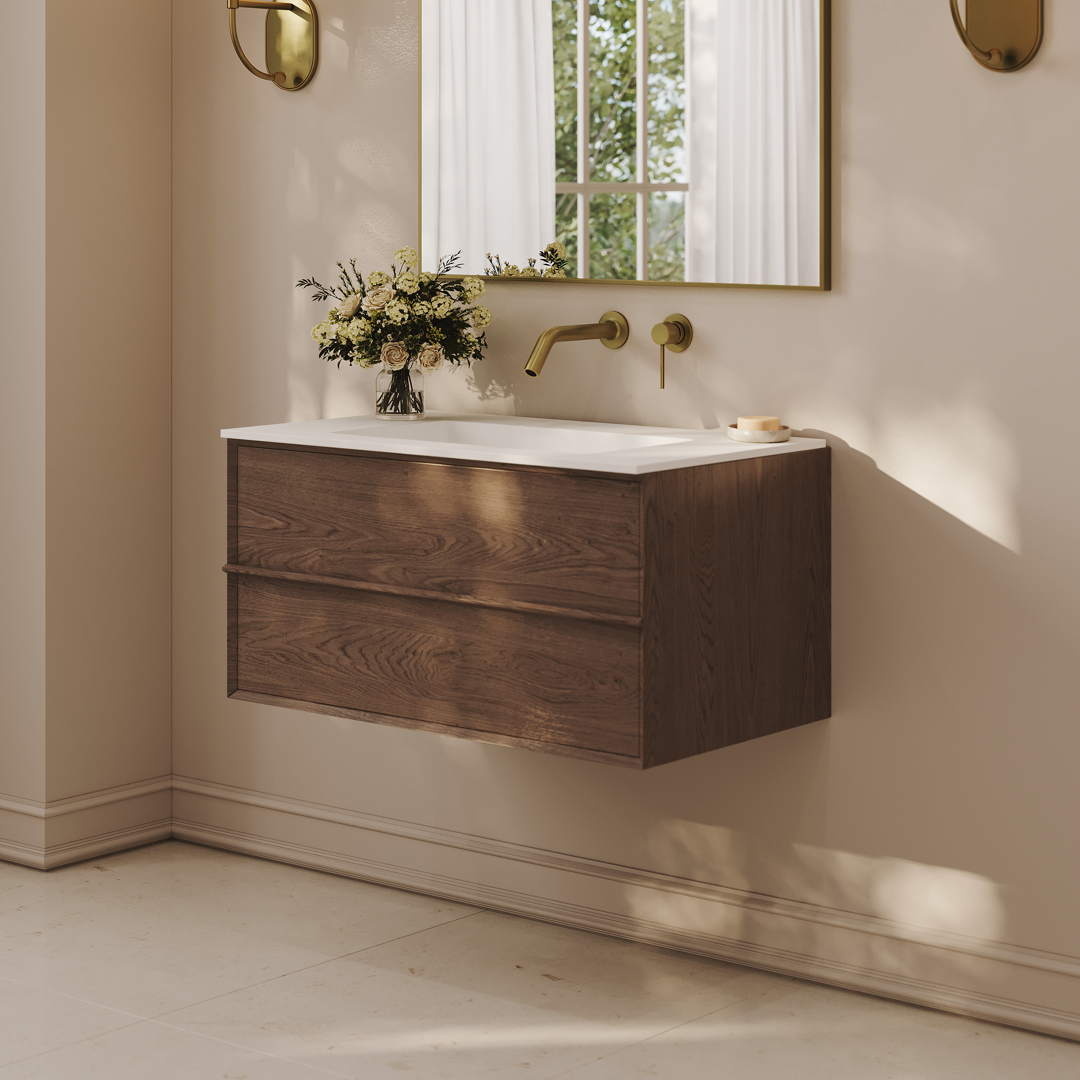 Kingham Vanity Unit with Stone Basin (Walnut 800mm)