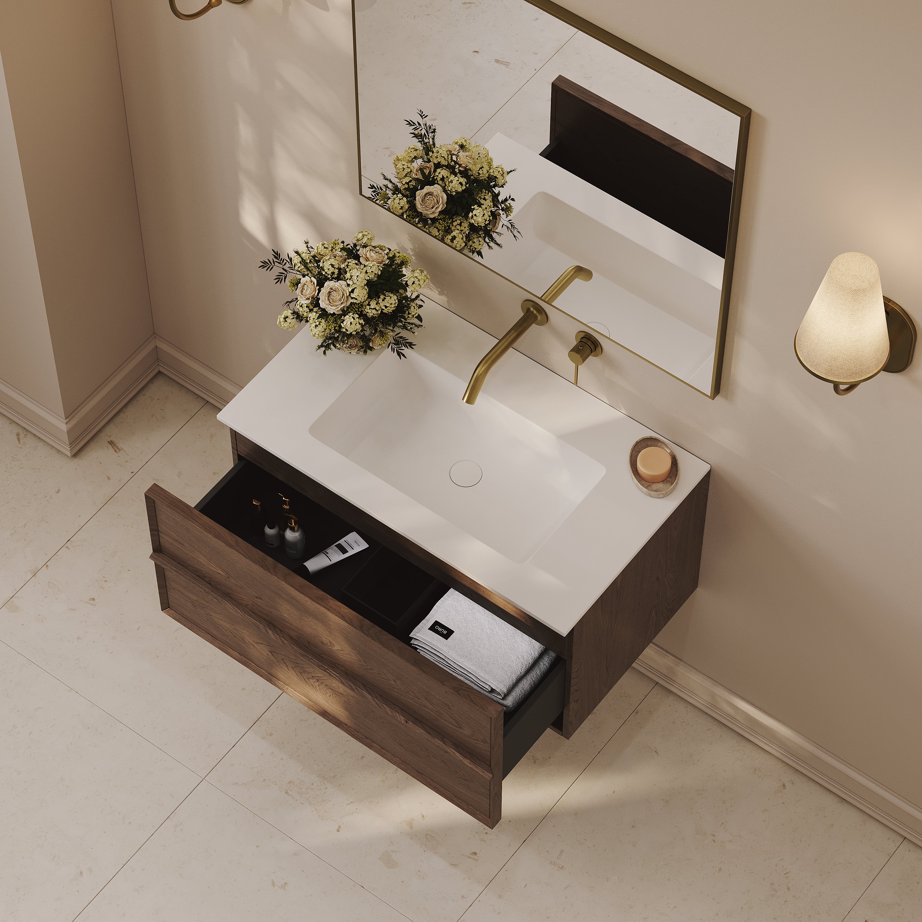 Kingham Vanity Unit with Stone Basin (Walnut 800mm)