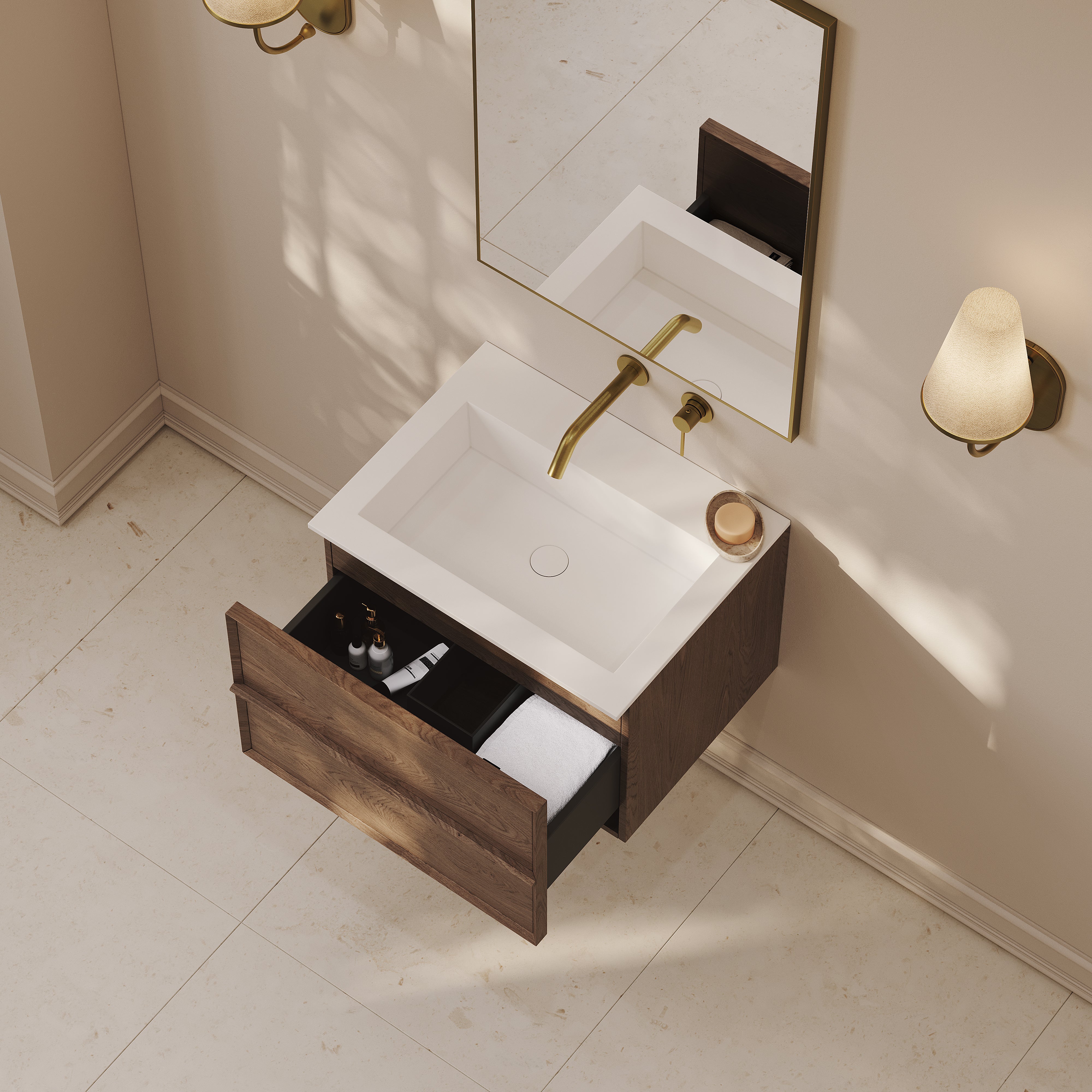 Kingham Vanity Unit with Stone Basin (Walnut 600mm)