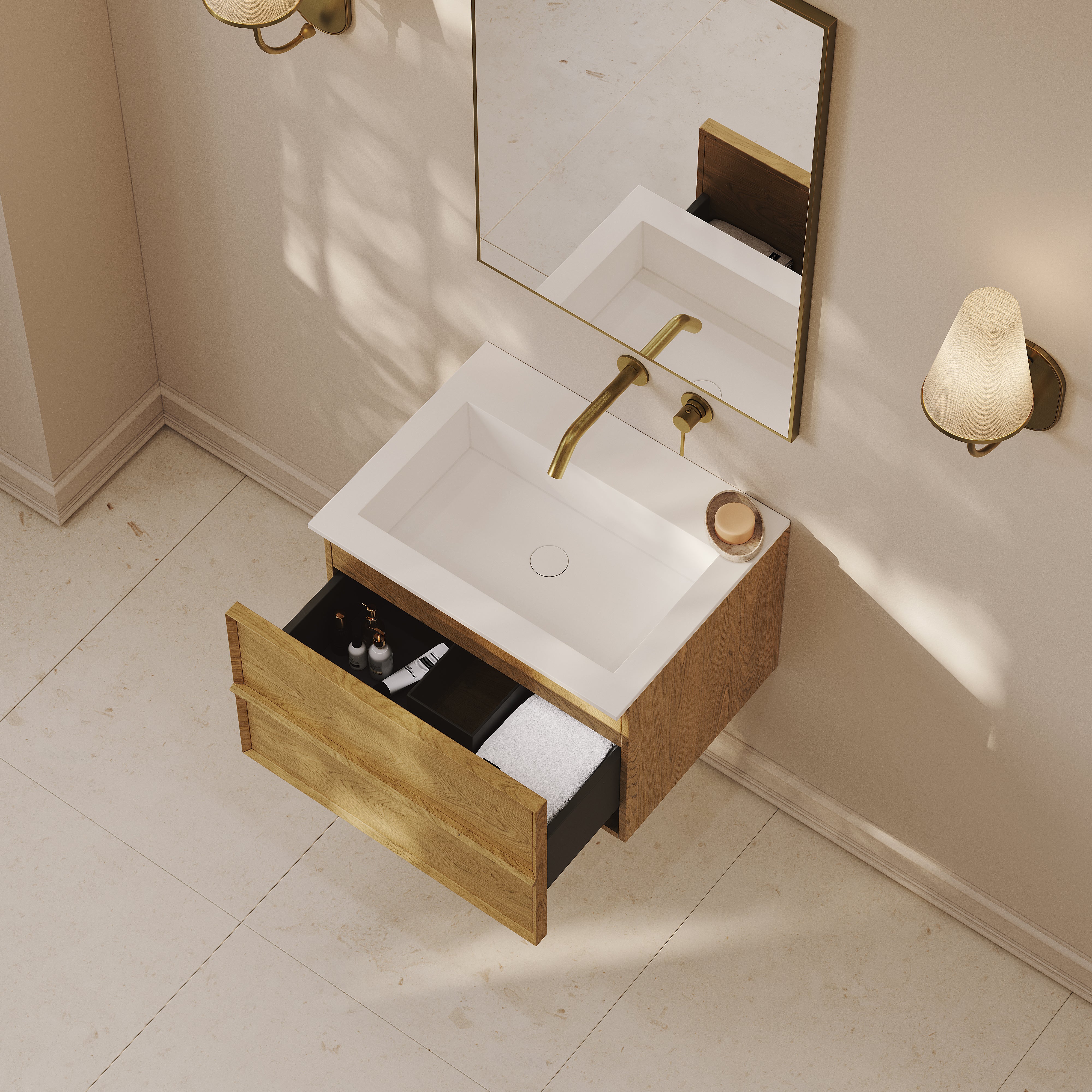 Kingham Vanity Unit with Stone Basin (Cedar 600mm)