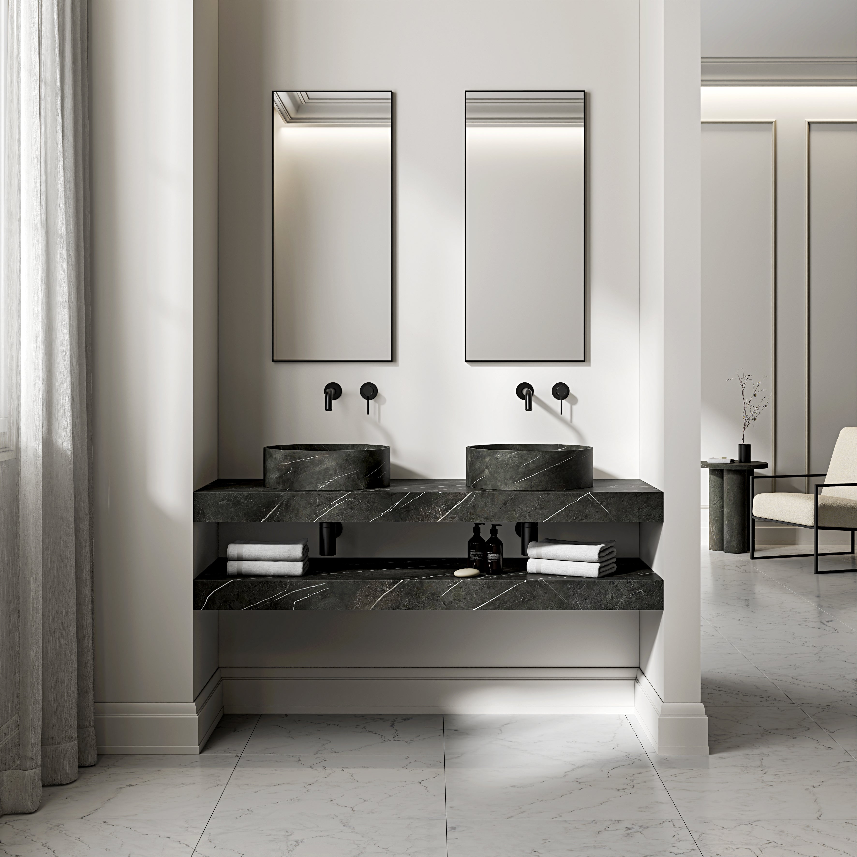 Pietra Grey Marble Wall Hung Countertop Basin Shelf 1400mm