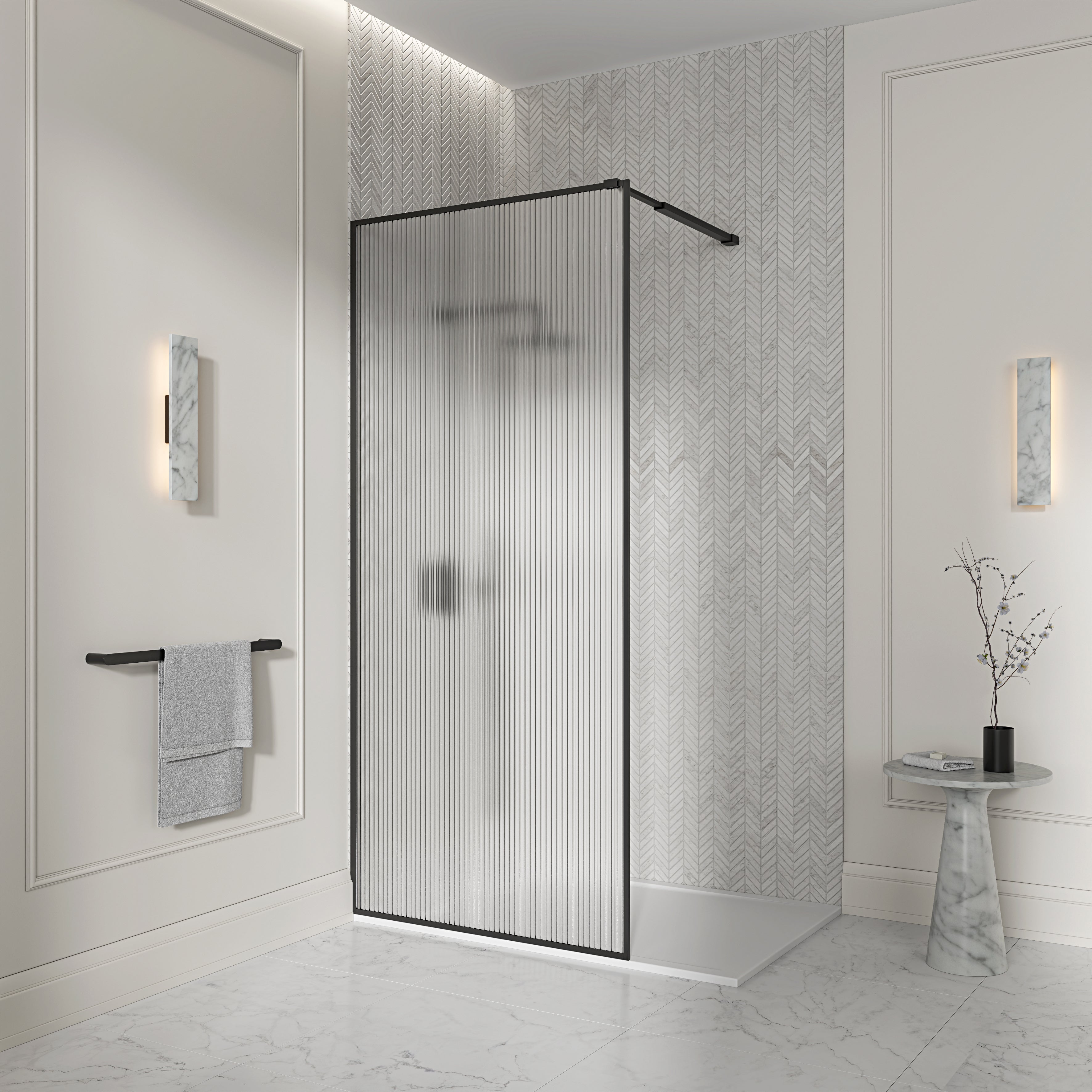 Otley Reeded Complete Walk in Shower Enclosure Matte Black - Kit A