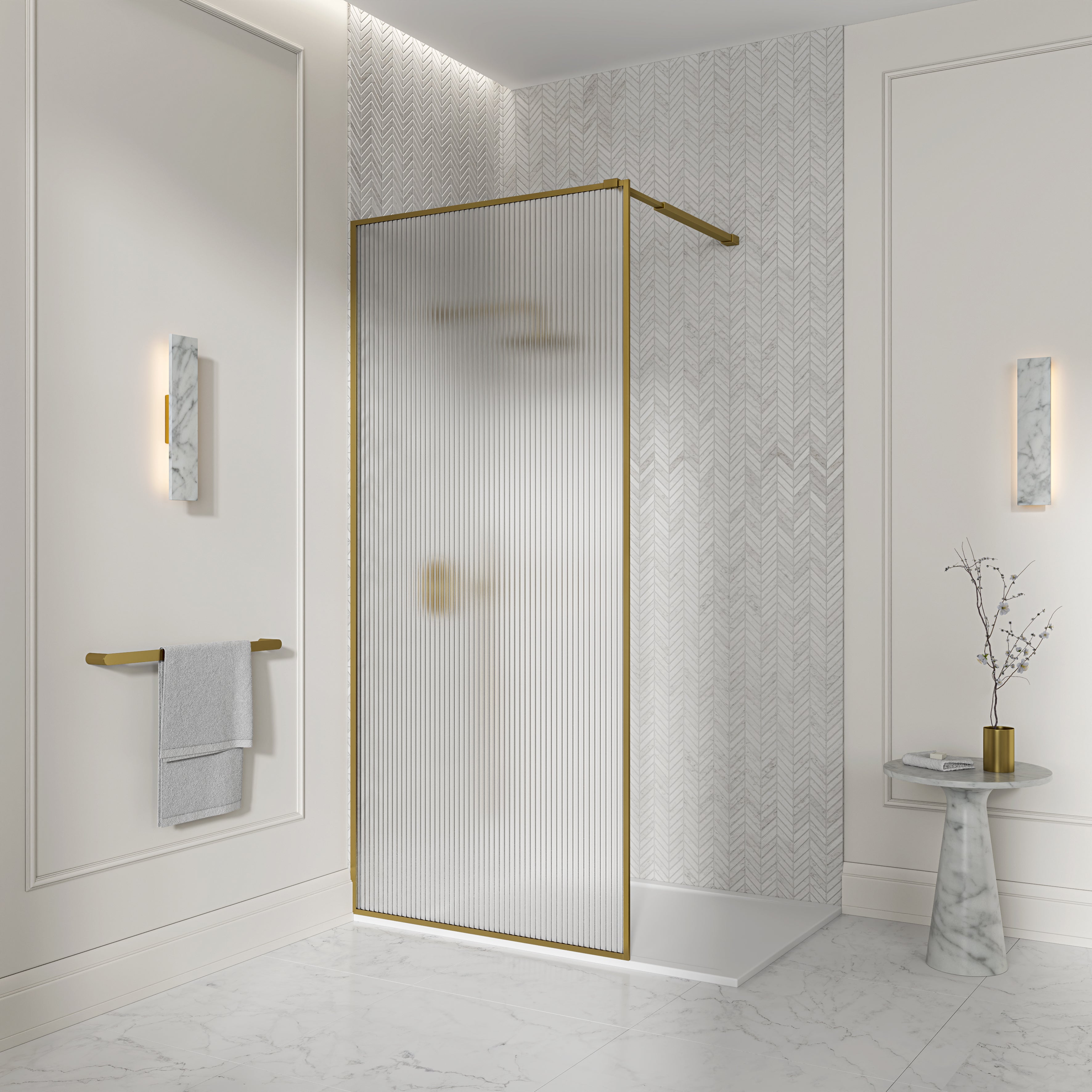 Otley Reeded Glass Brushed Gold Shower Screen