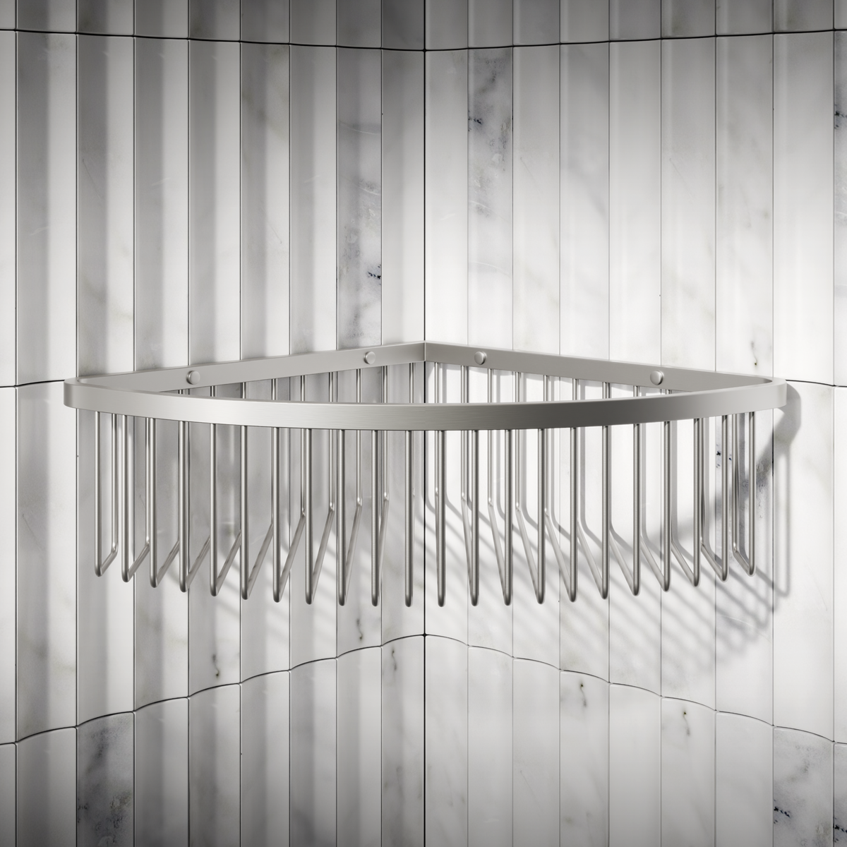 Brushed stainless steel wire corner basket mounted on a marble-effect tiled shower wall
