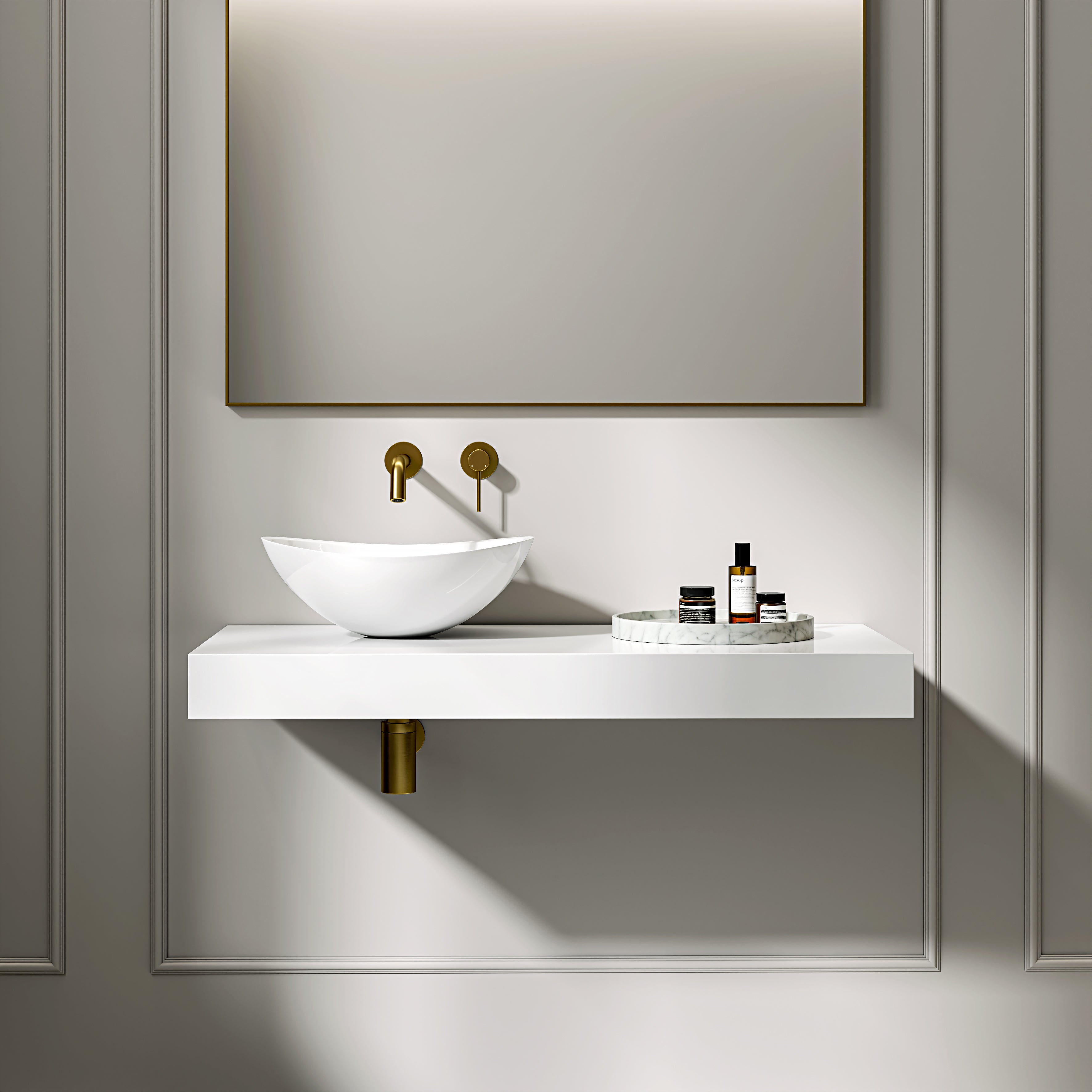 Stone Resin Wall Hung Countertop Basin Shelf (1000mm Wide - Polished White)