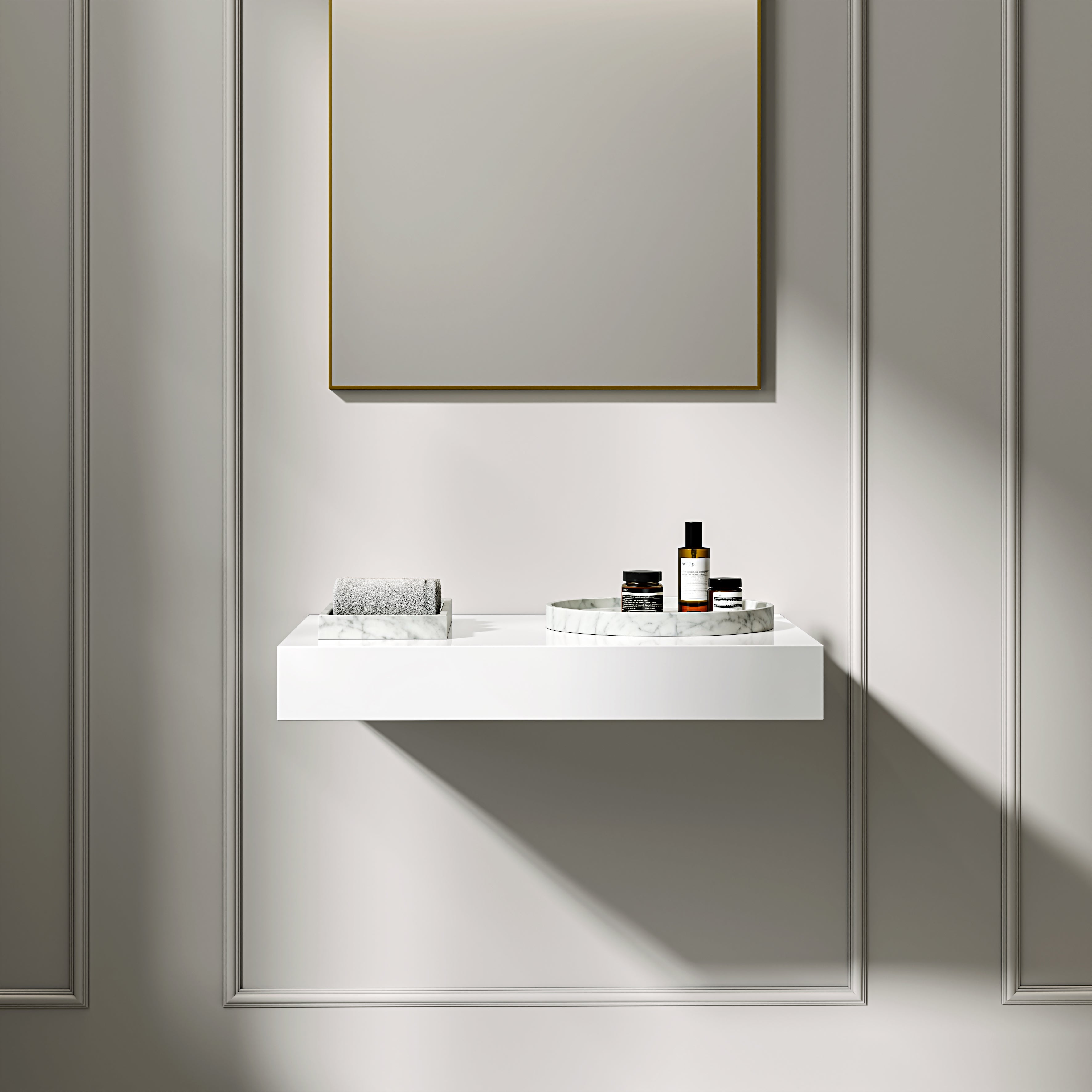 Stone Resin Wall Hung Countertop Basin Shelf (660mm Wide - Polished White)