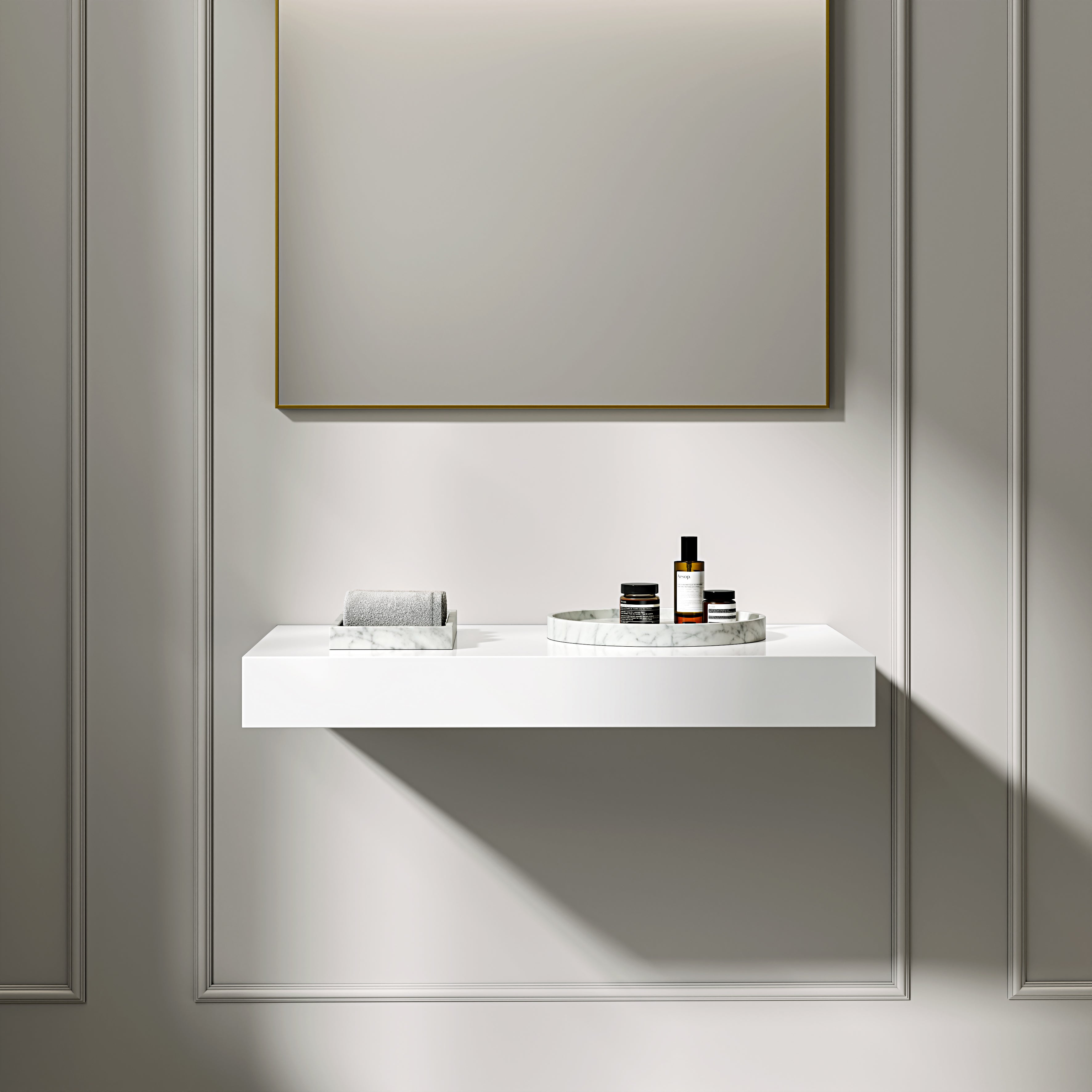 Stone Resin Wall Hung Countertop Basin Shelf (800mm Wide - Polished White)