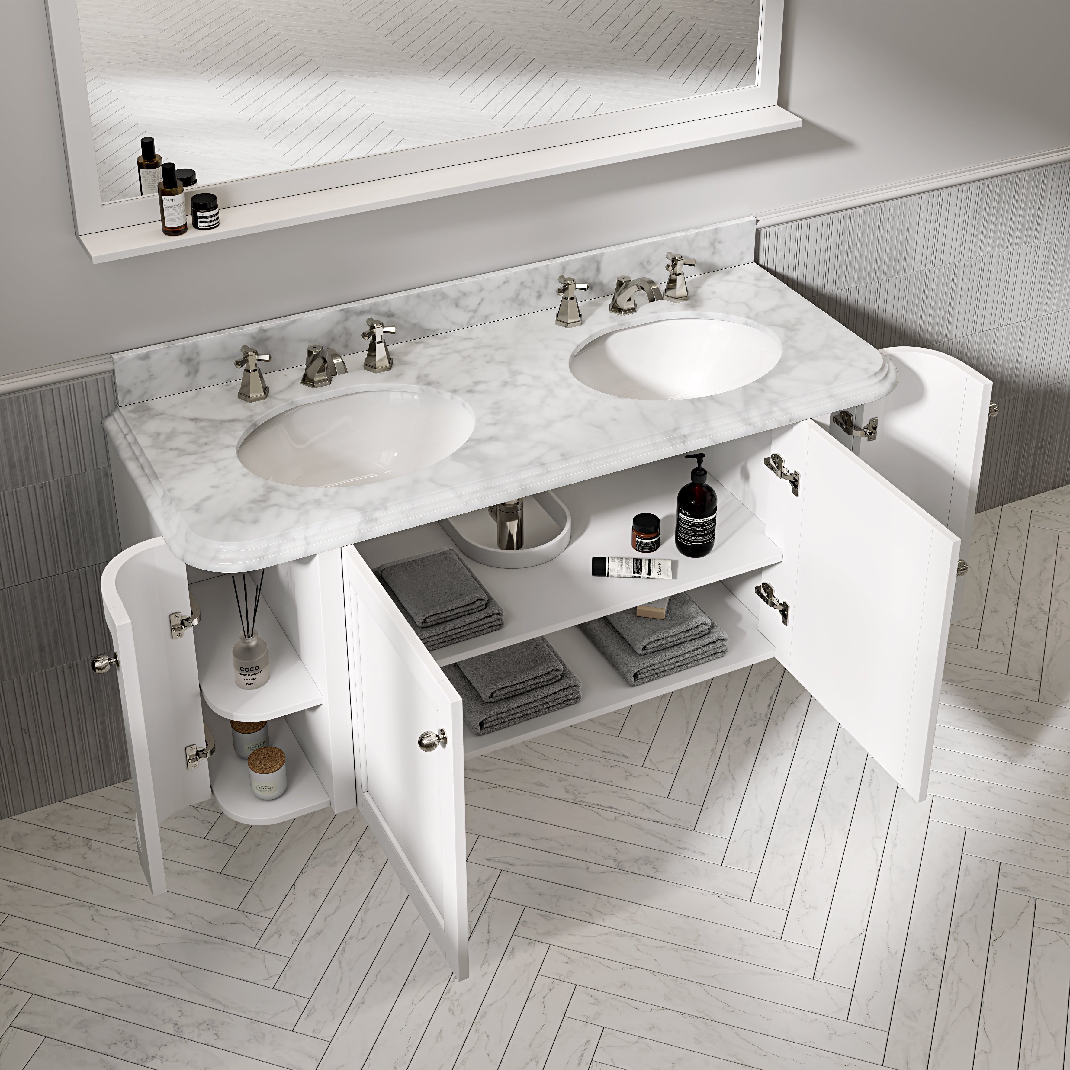 Charlbury Carrara Marble Wall Mounted Vanity Unit (Matte White) 1400mm