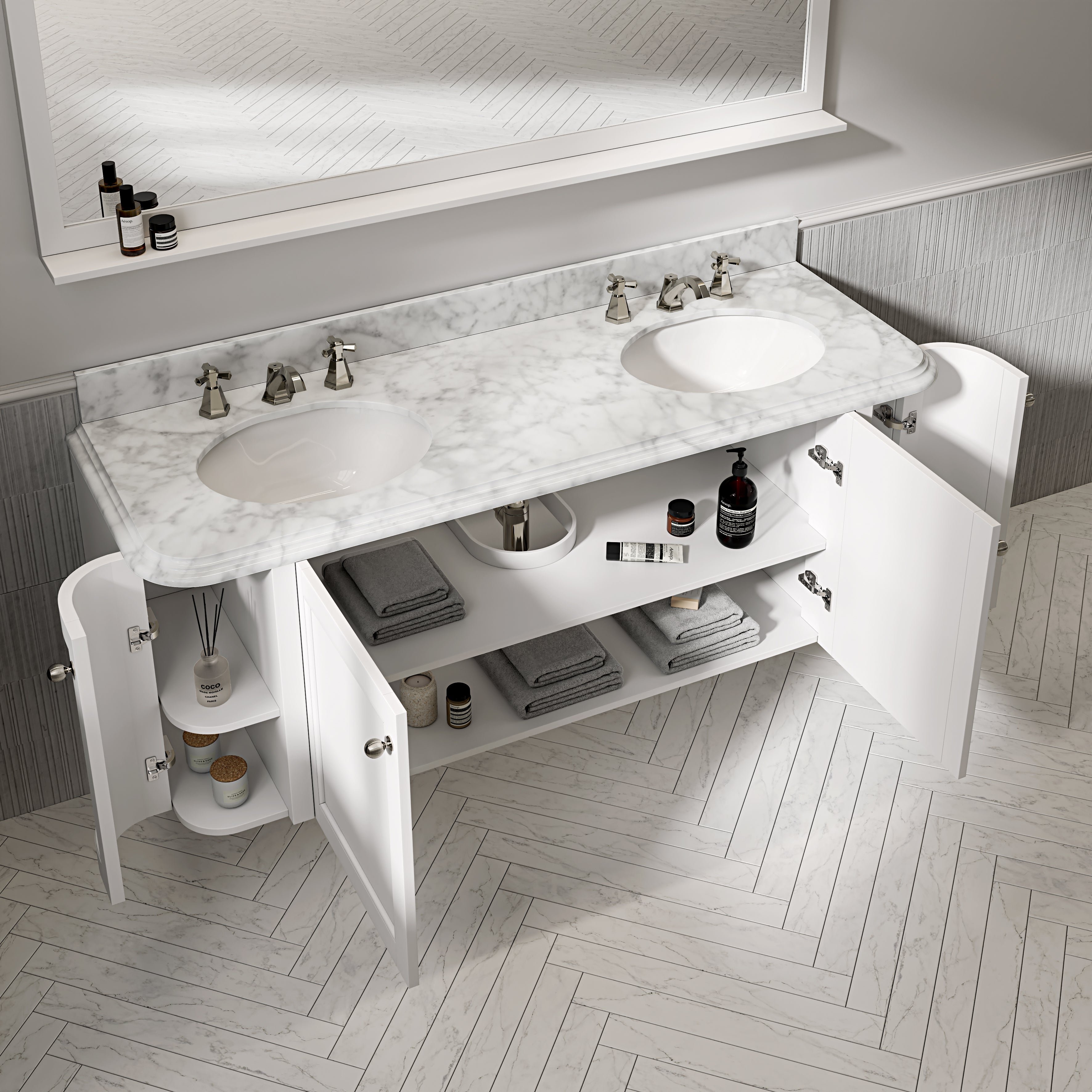 Charlbury Carrara Marble Wall Mounted Vanity Unit (Matte White) 1600mm
