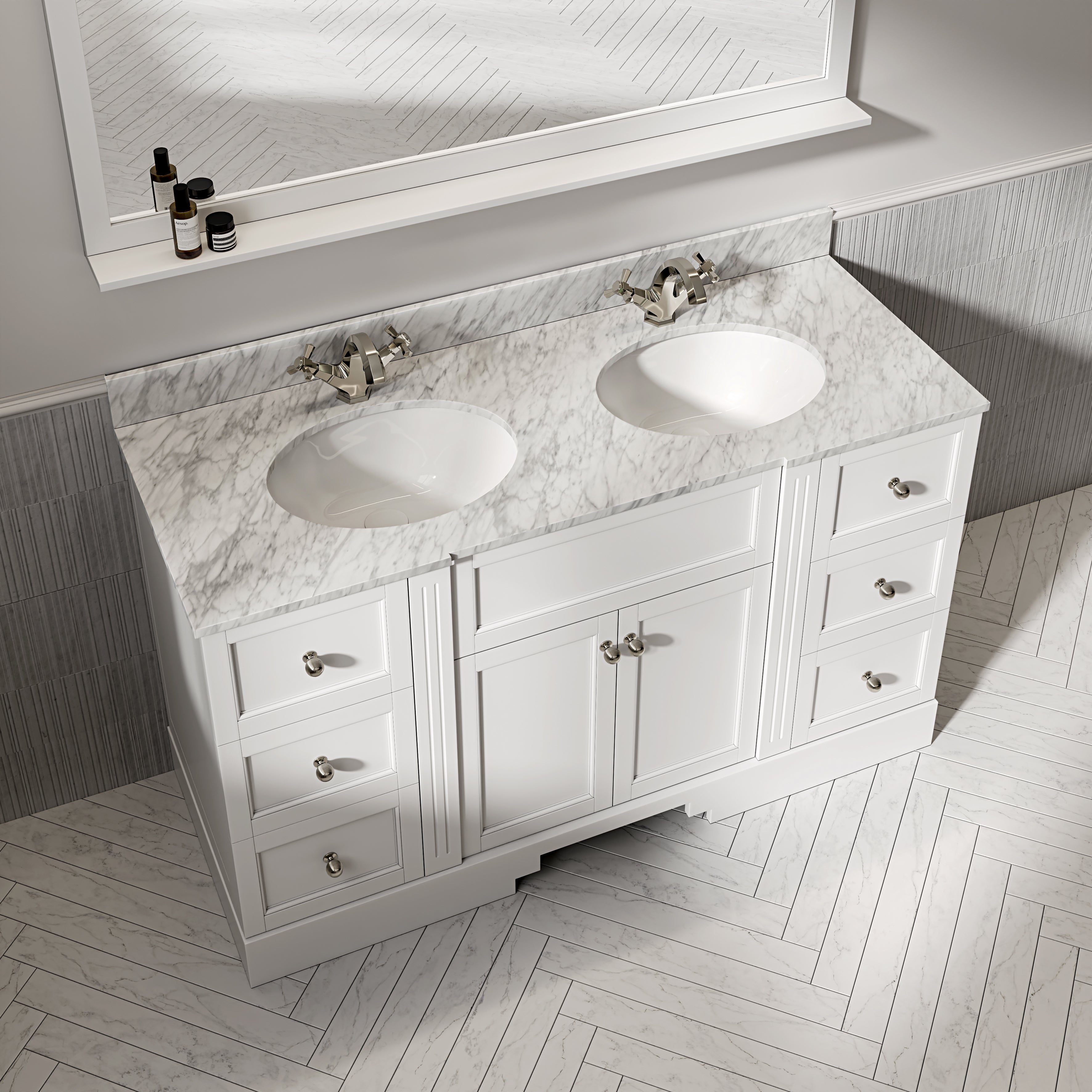 Wentworth Carrara Marble Floorstanding Vanity Unit (Matte White) 1400mm