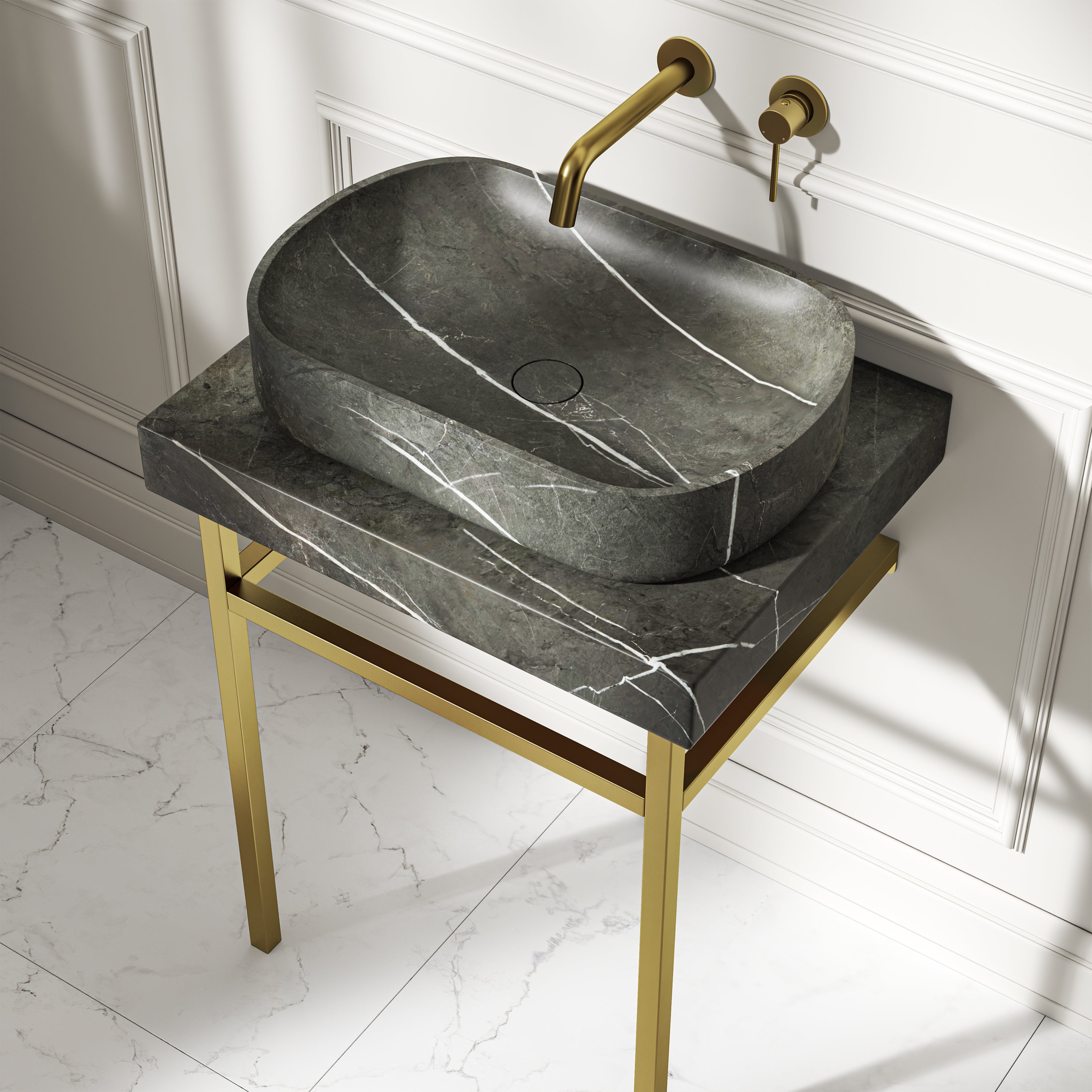 Capola Pietra Grey Marble Countertop Brushed Gold Vanity Unit 600mm