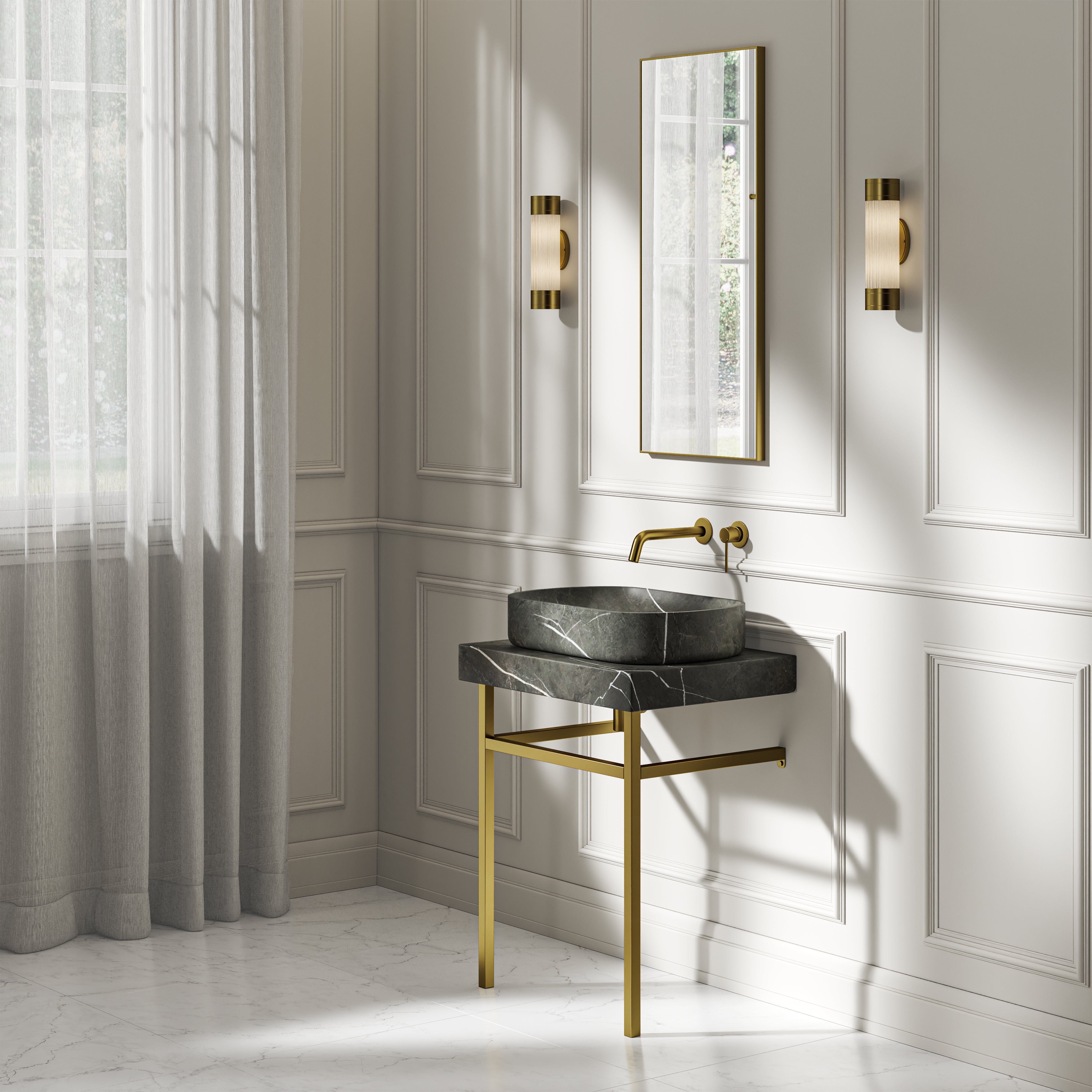 Capola Pietra Grey Marble Countertop Brushed Gold Vanity Unit 600mm