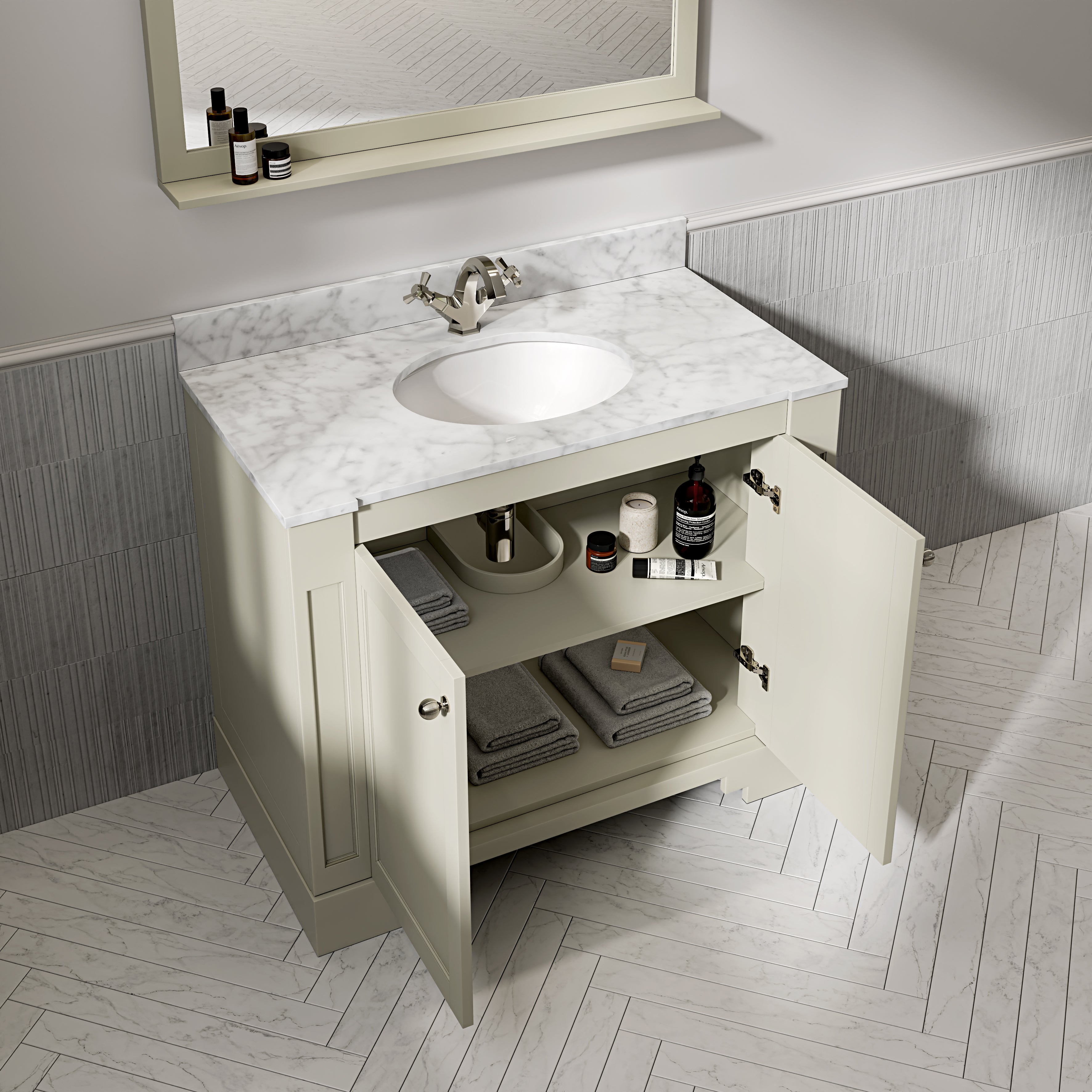 Wentworth Carrara Marble Floorstanding Vanity Unit (Matte Olive) 1000mm