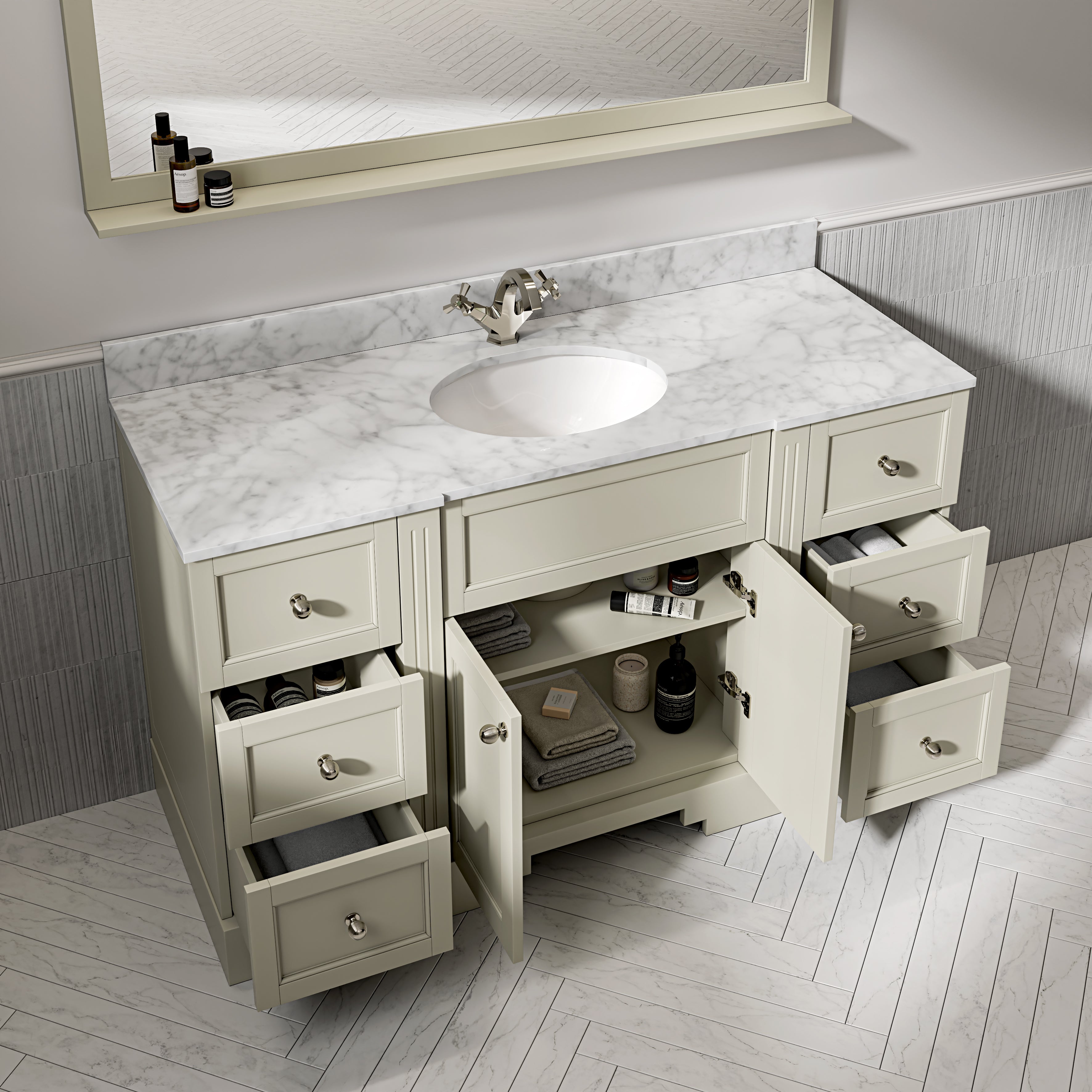 Wentworth Carrara Marble Floorstanding Vanity Unit (Matte Olive) 1400mm
