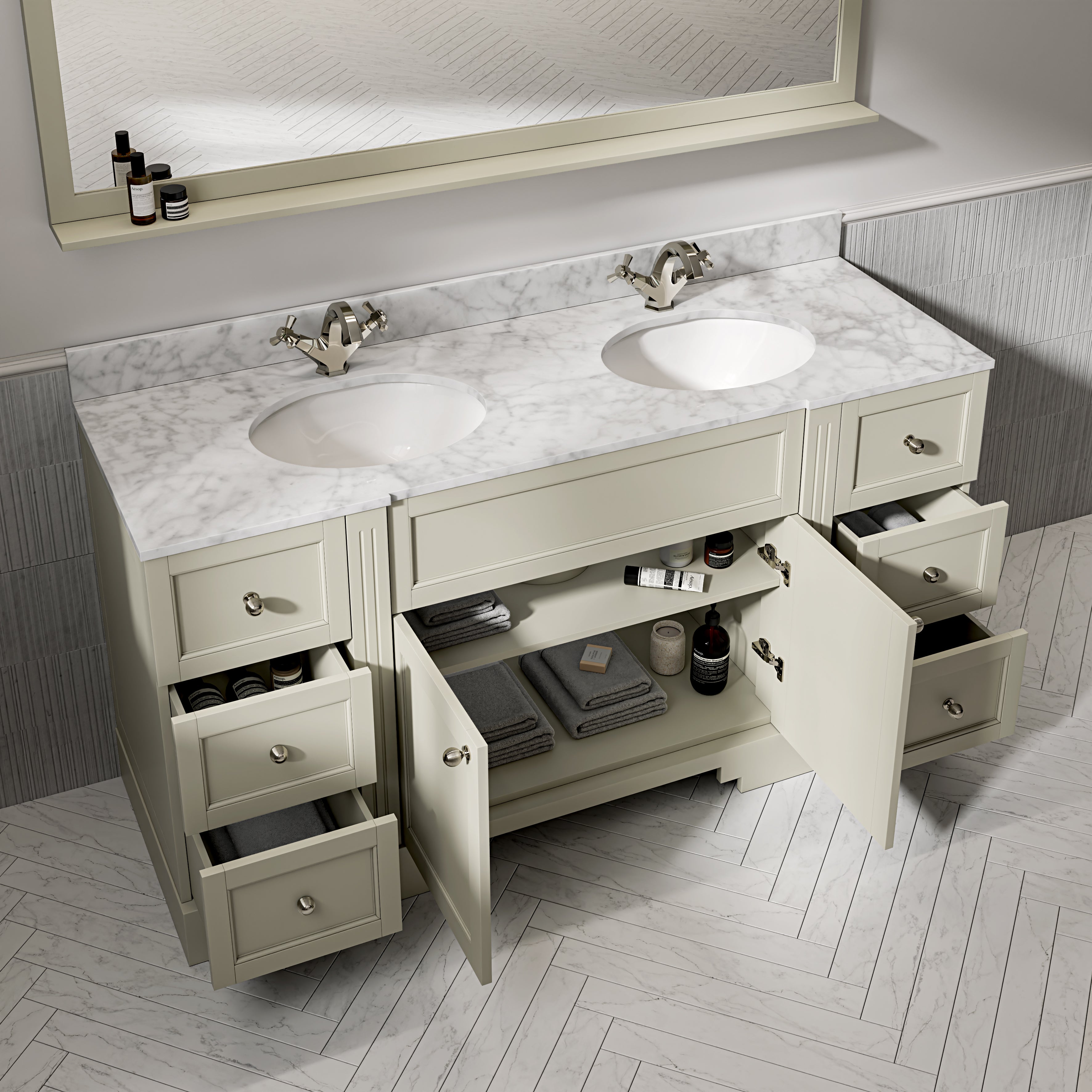 Wentworth Carrara Marble Floorstanding Vanity Unit (Matte Olive) 1600mm