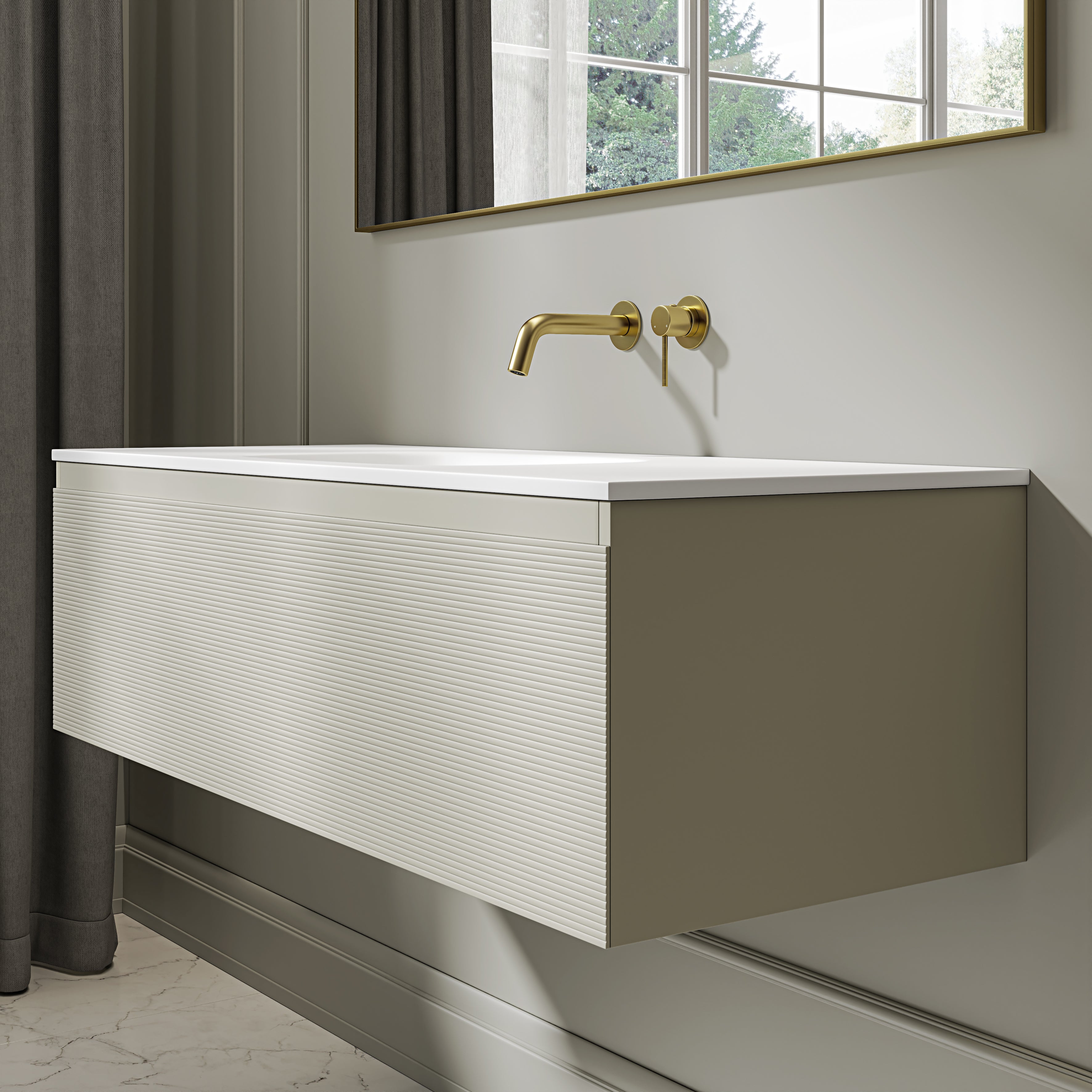 Kingswood Fluted Vanity Unit with Stone Basin (Olive 1200mm)