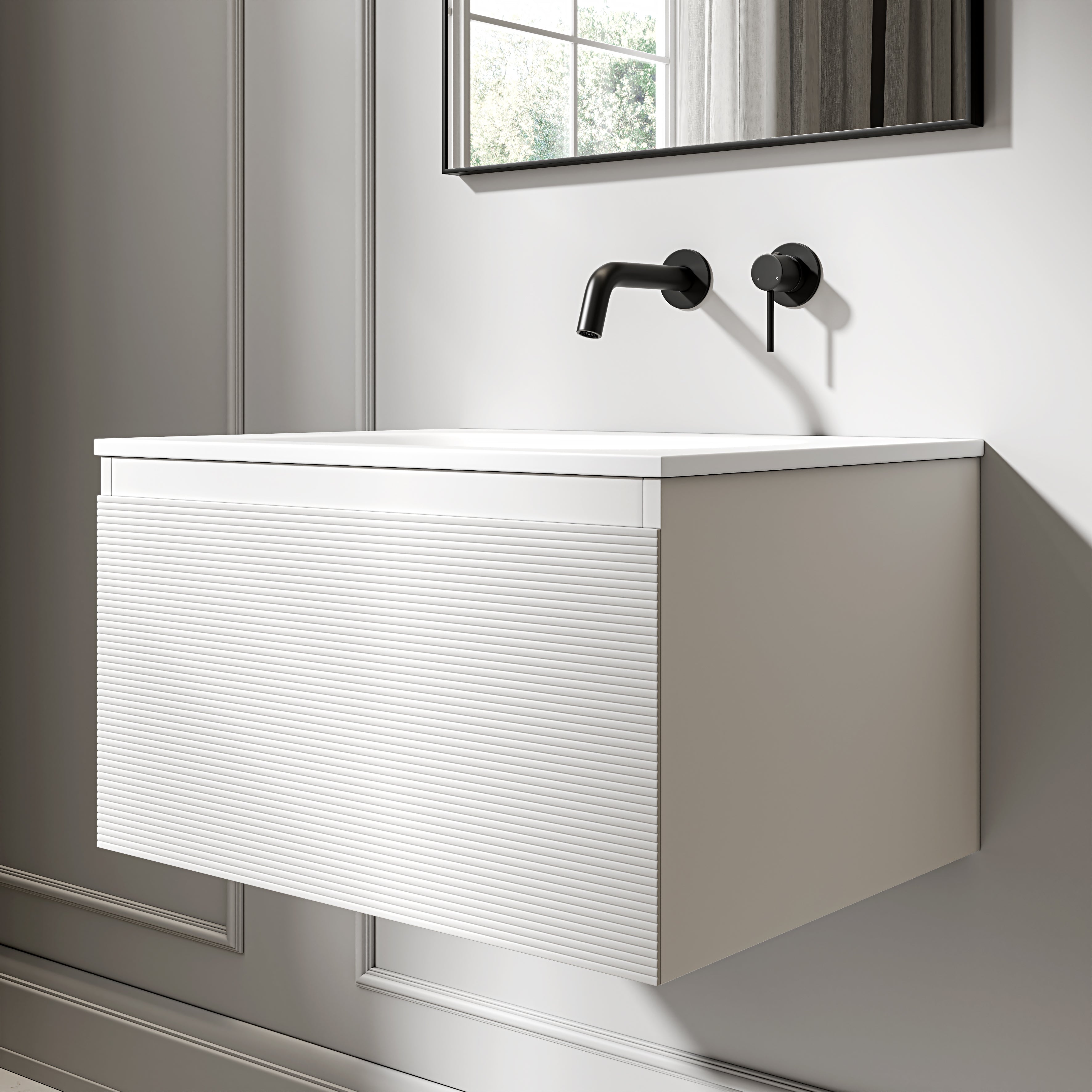 Kingswood Fluted Vanity Unit with Stone Basin (Matte White 600mm)