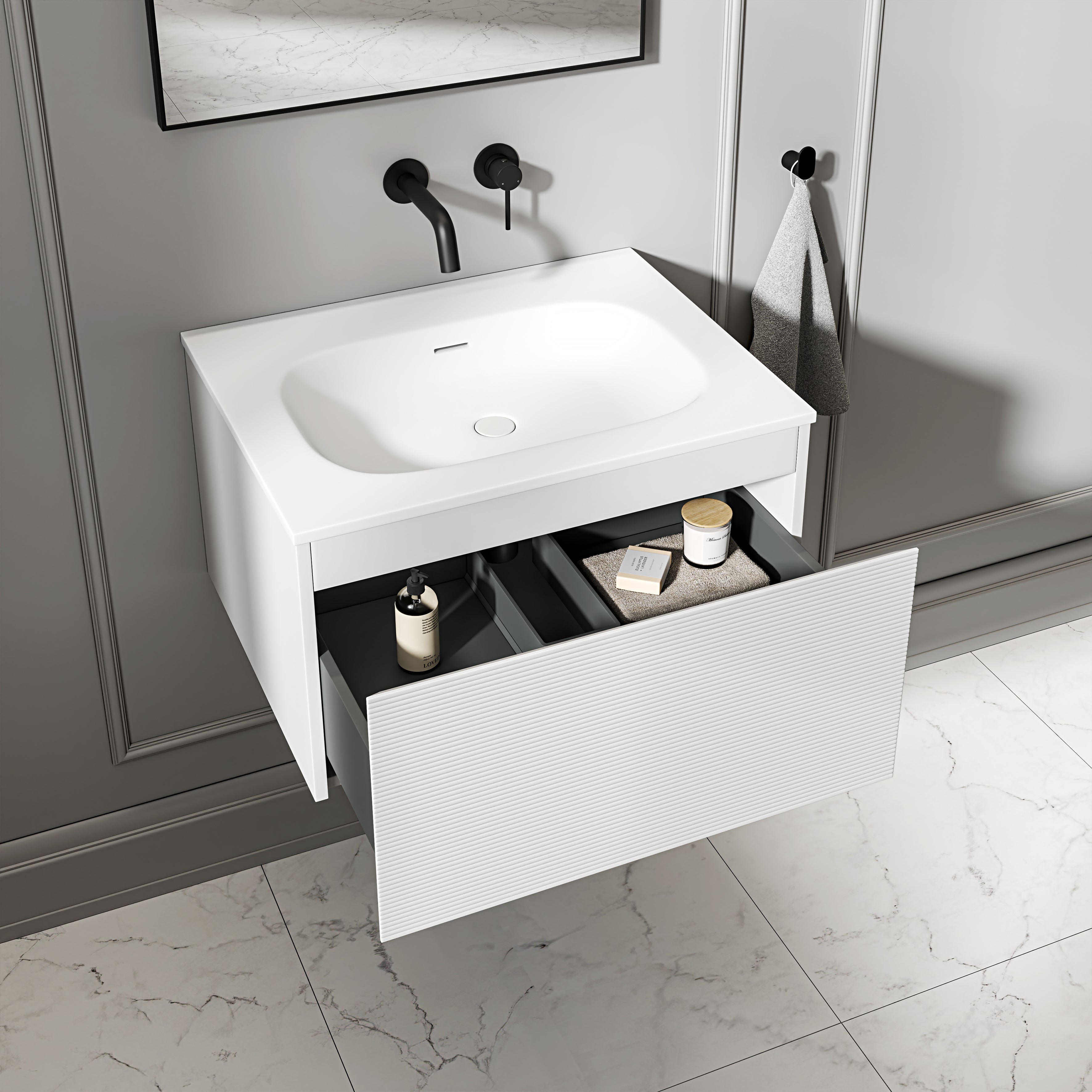 Kingswood Fluted Vanity Unit with Stone Basin (Matte White 600mm)