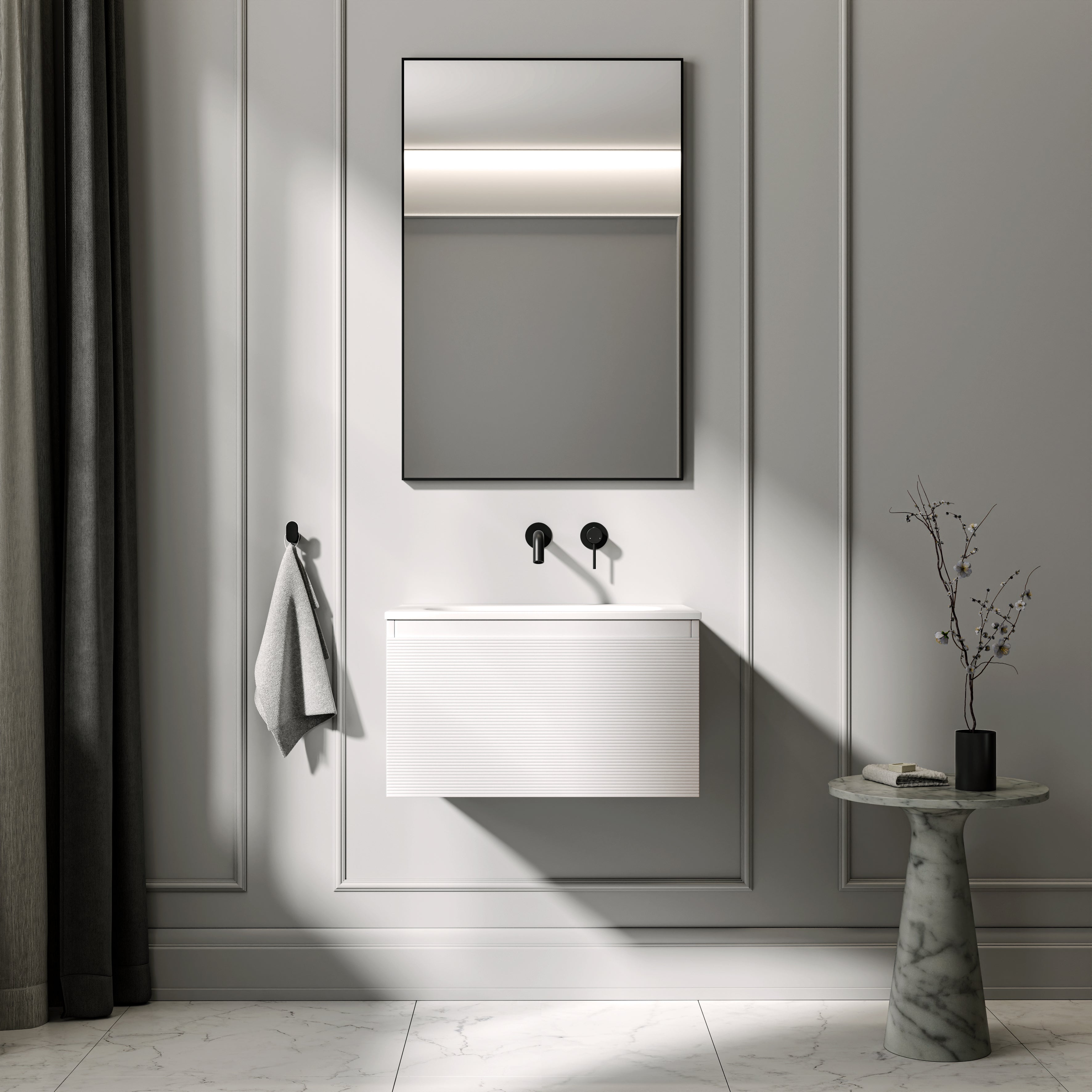 Kingswood Fluted Vanity Unit with Stone Basin (Matte White 600mm)