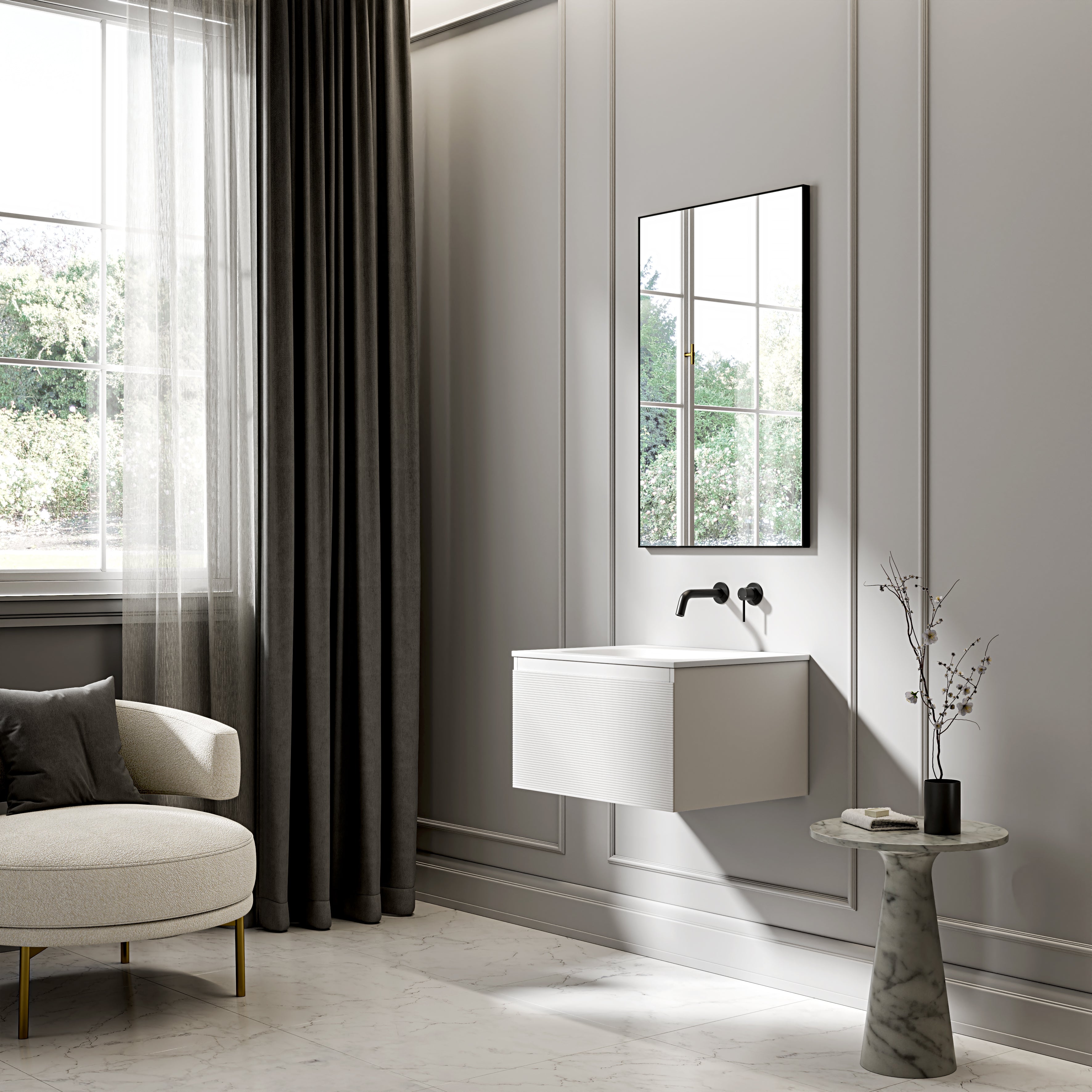 Kingswood Fluted Vanity Unit with Stone Basin (Matte White 600mm)