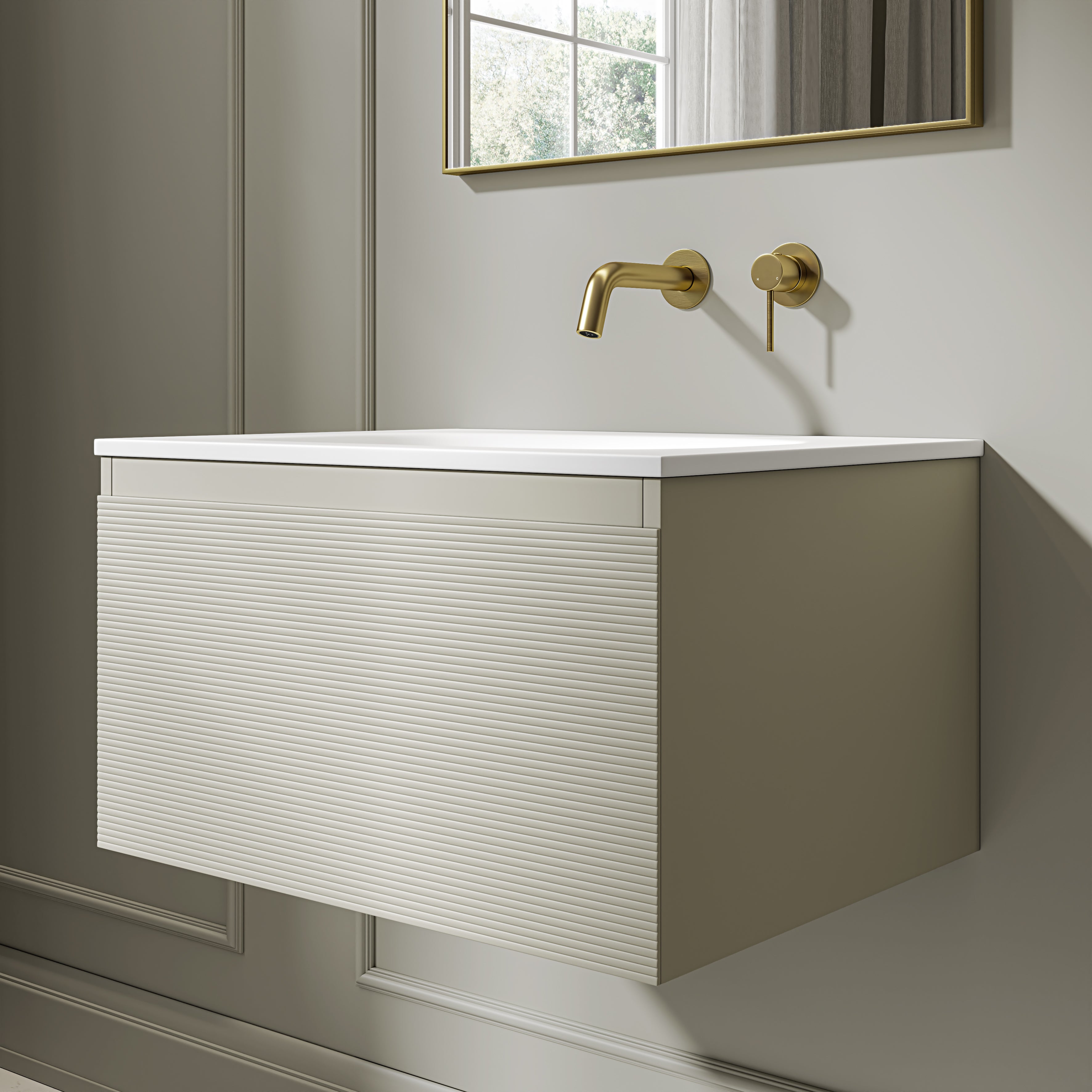 Kingswood Fluted Vanity Unit with Stone Basin (Olive 600mm)