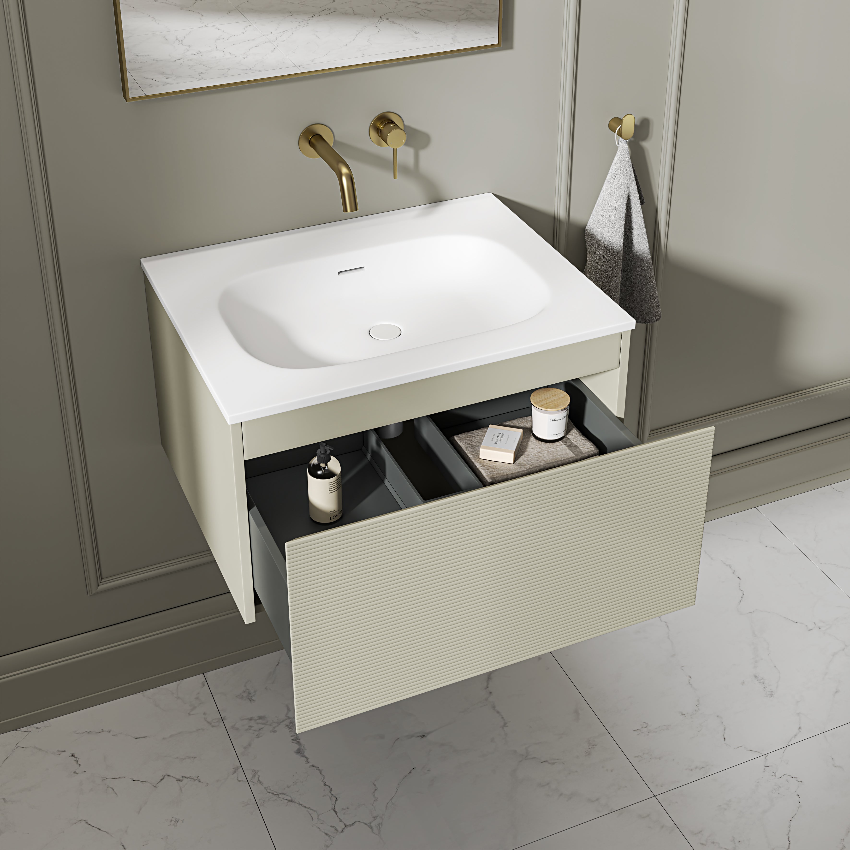 Kingswood Fluted Vanity Unit with Stone Basin (Olive 600mm)