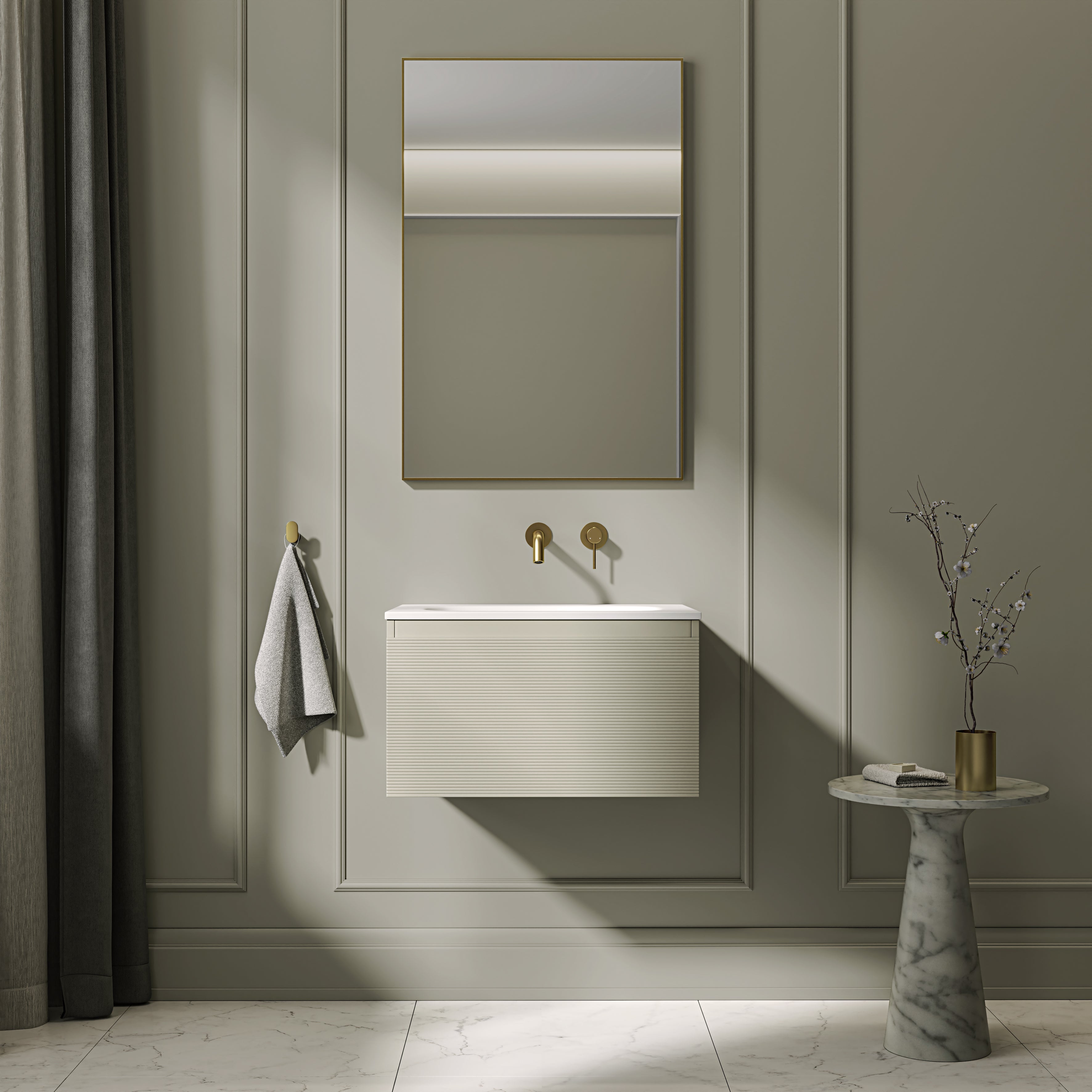 Kingswood Fluted Vanity Unit with Stone Basin (Olive 600mm)