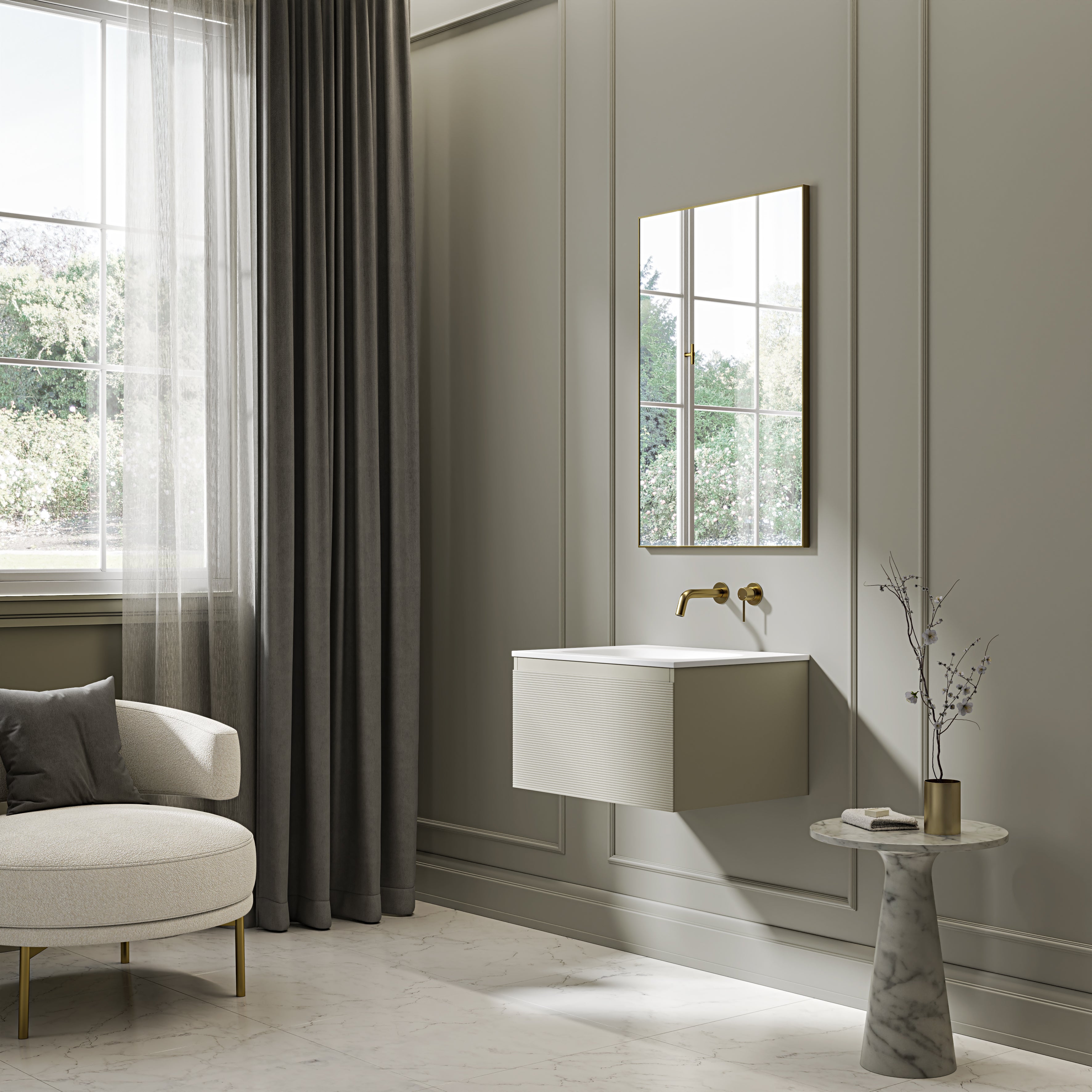 Kingswood Fluted Vanity Unit with Stone Basin (Olive 600mm)