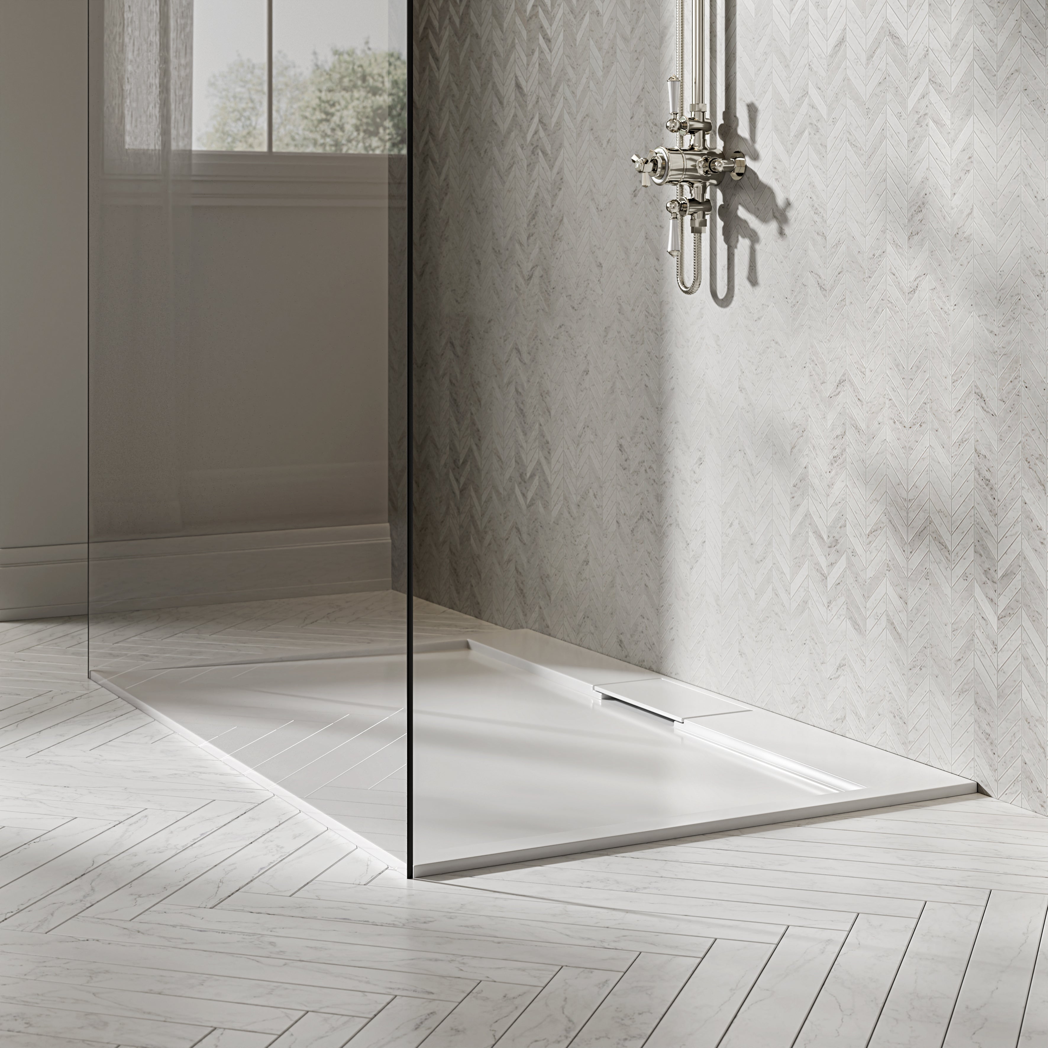 Vida Polished White Stone Landscape Shower Tray