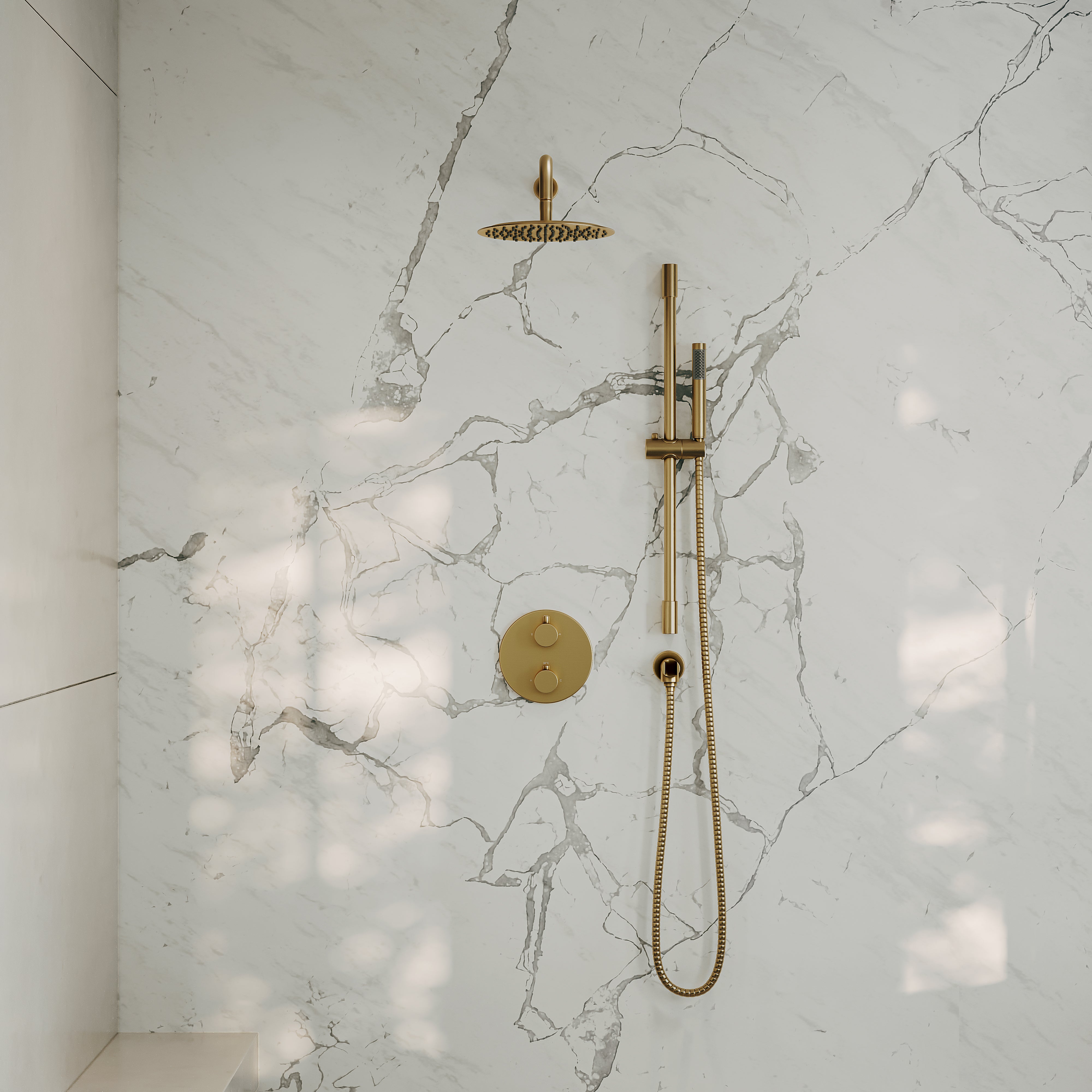 Nuvo Brushed Gold Thermostatic Shower With Handheld Shower