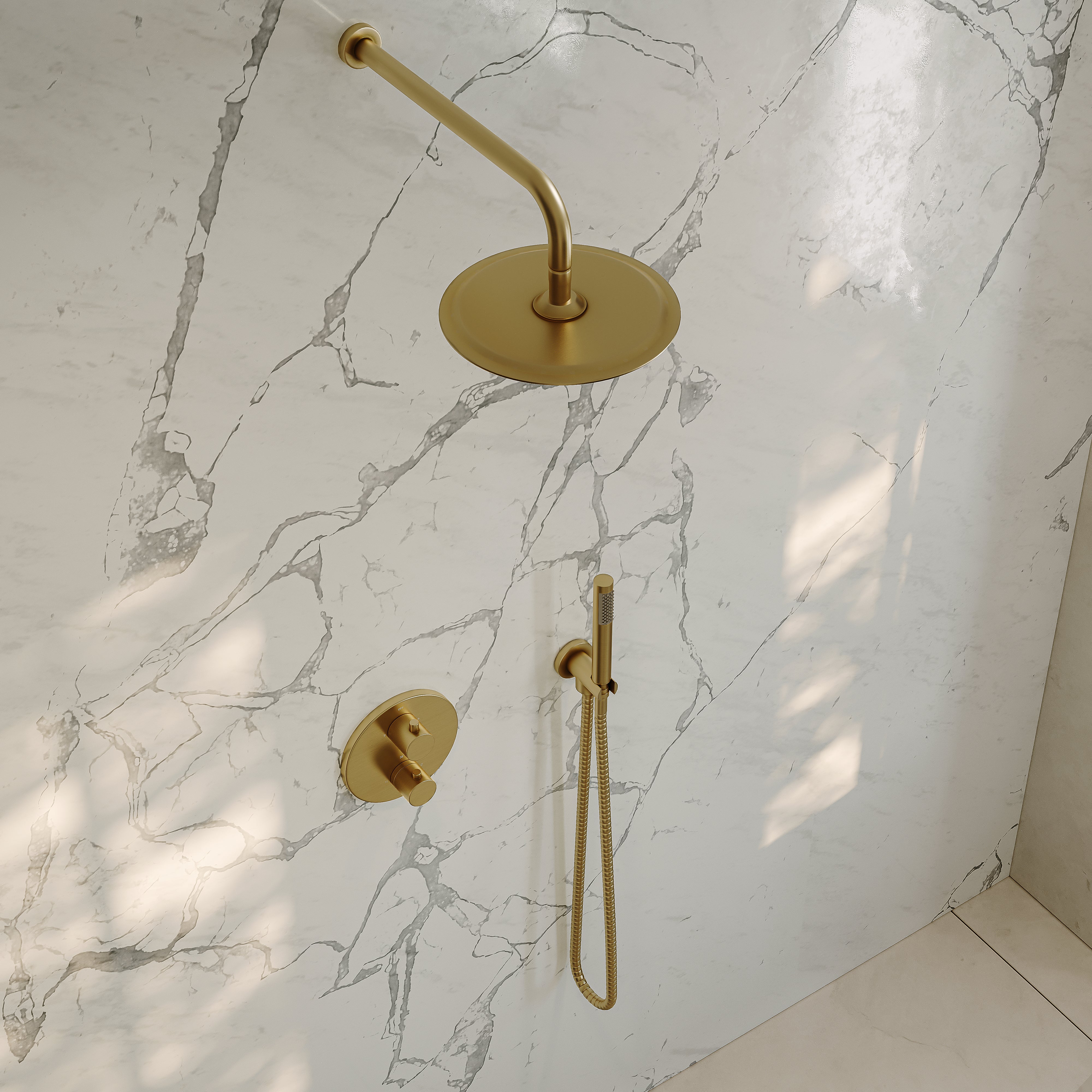 Nuvo Brushed Gold Thermostatic Shower With Handheld Shower