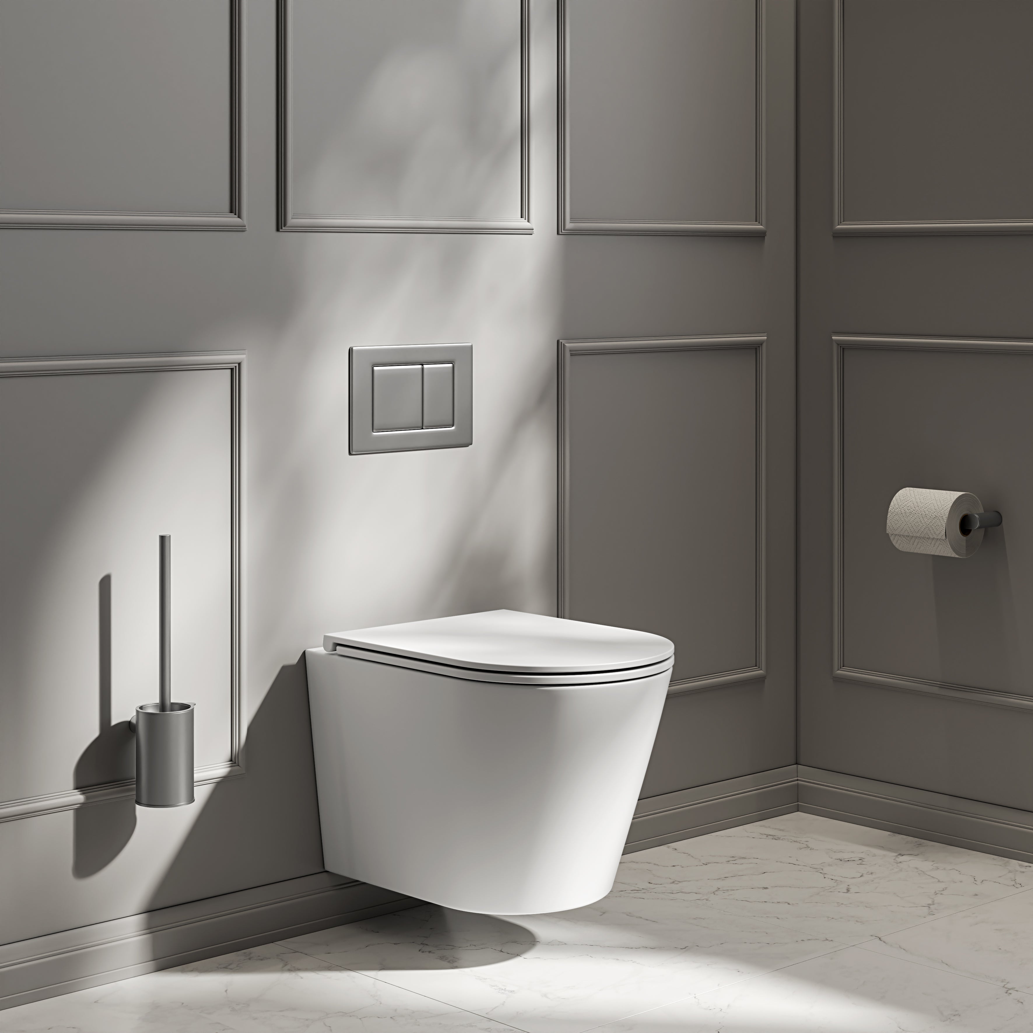 Nuvo Wall Hung Rimless Matte White Toilet & Concealed Frame Cistern & Brushed Stainless Flush Plate