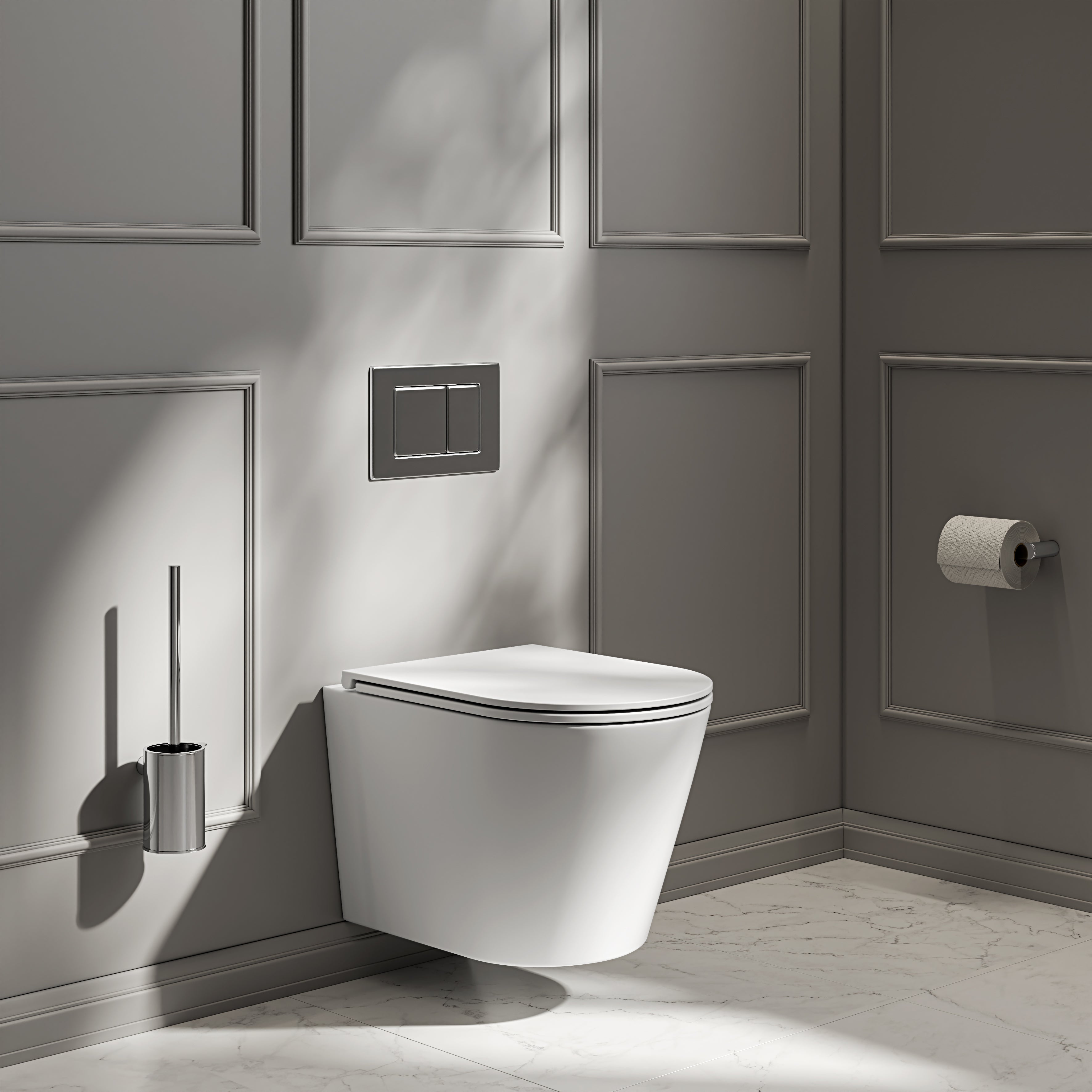 Nuvo Wall Hung Rimless Matte White Toilet with Concealed Frame Cistern & Chrome Flush Plate
