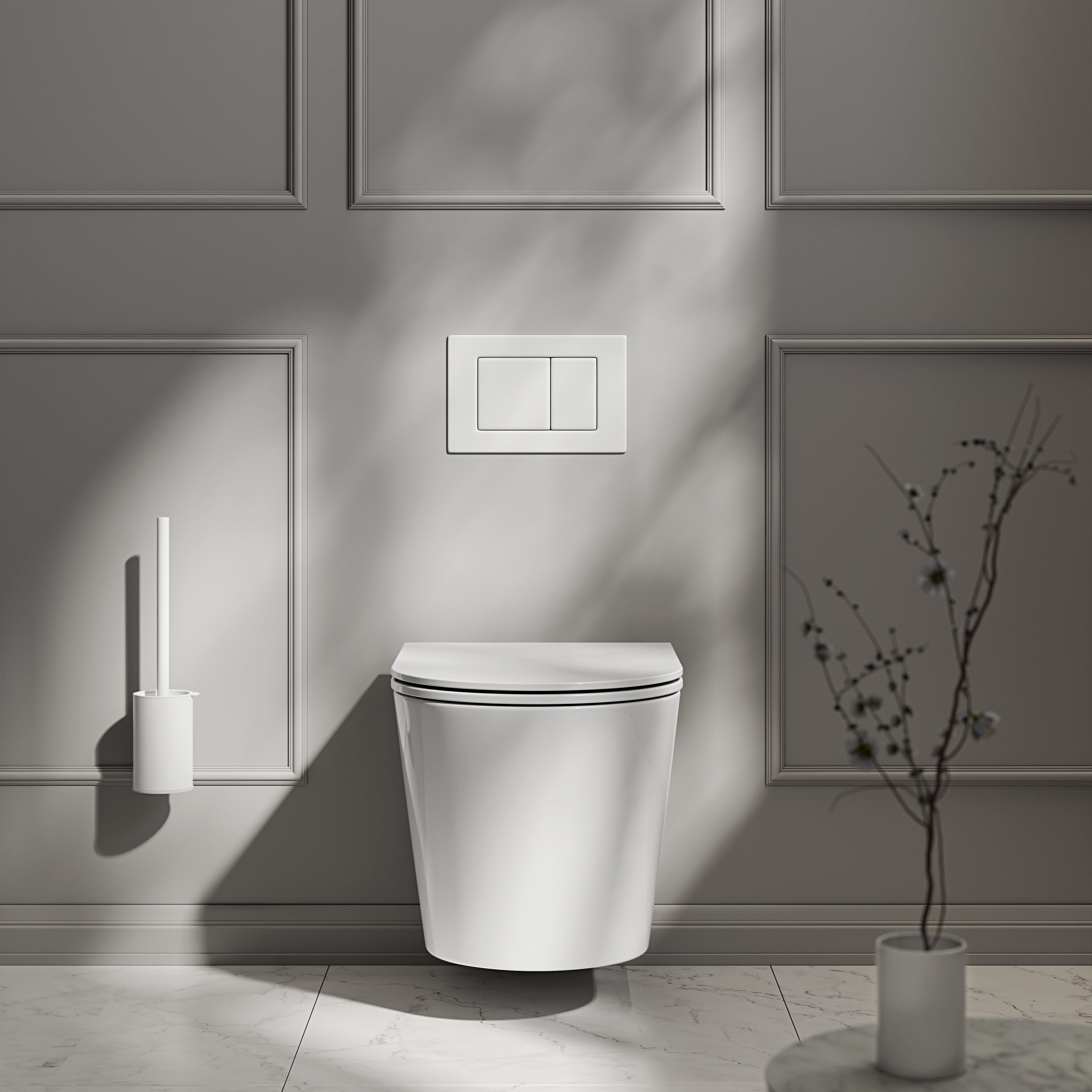 Nuvo Wall Hung Rimless Polished White Toilet with Concealed Frame Cistern & Matte White Flush Plate