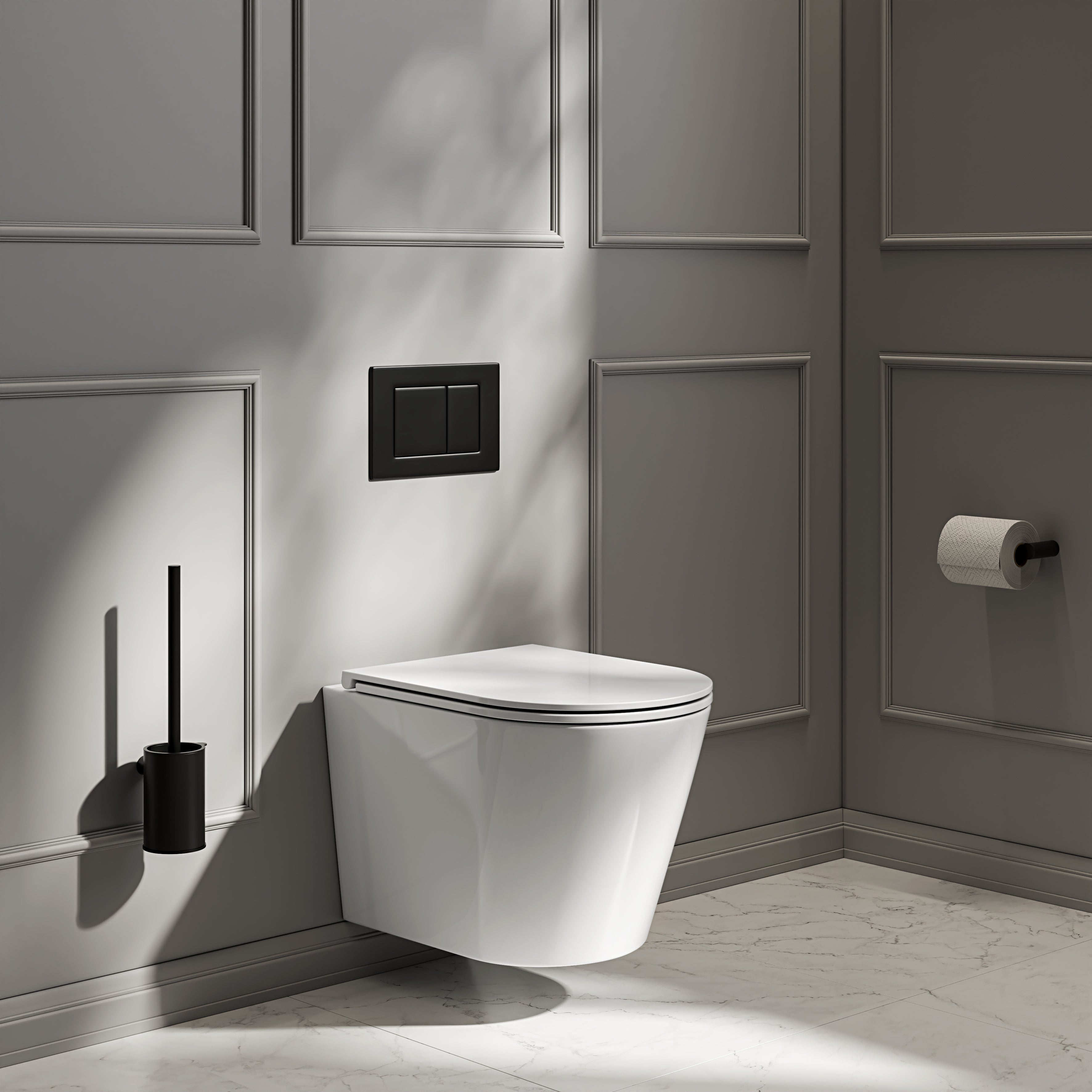 Nuvo Wall Hung Rimless Polished White Toilet with Concealed Frame Cistern & Matte Black Flush Plate