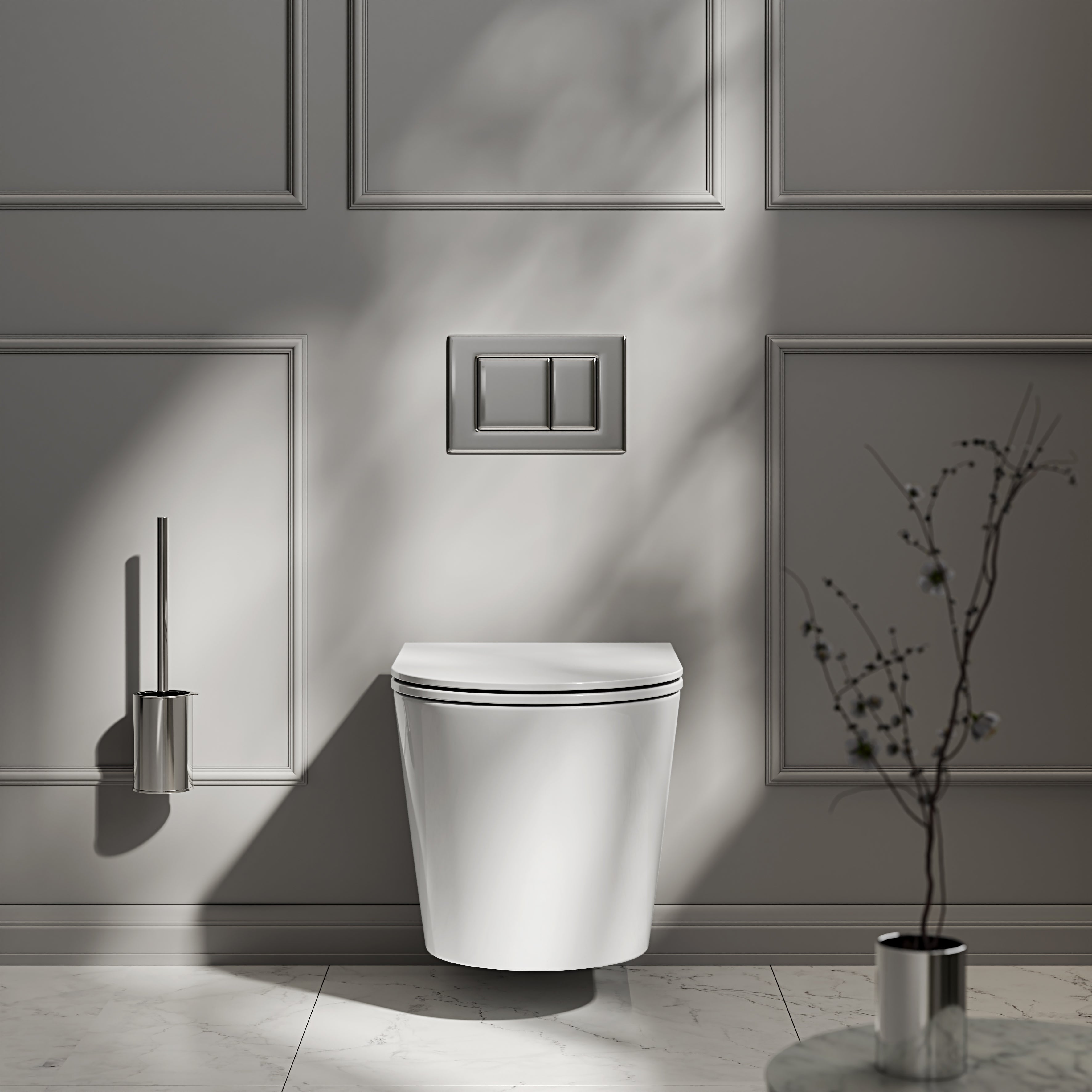 Nuvo Wall Hung Rimless Polished White Toilet with Concealed Frame Cistern & Chrome Flush Plate