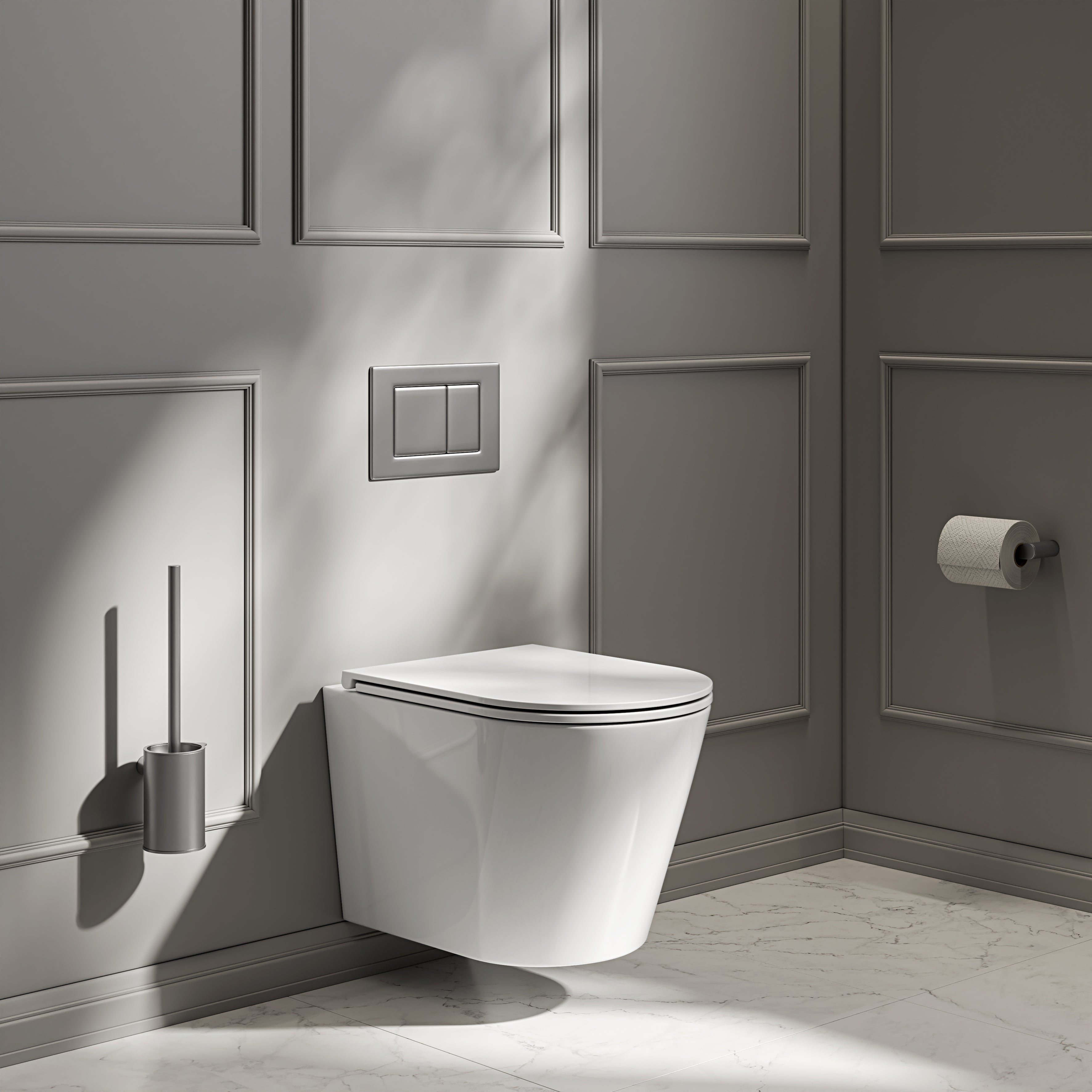 Nuvo Wall Hung Rimless Polished White Toilet with Concealed Frame Cistern & Brushed Stainless Plate