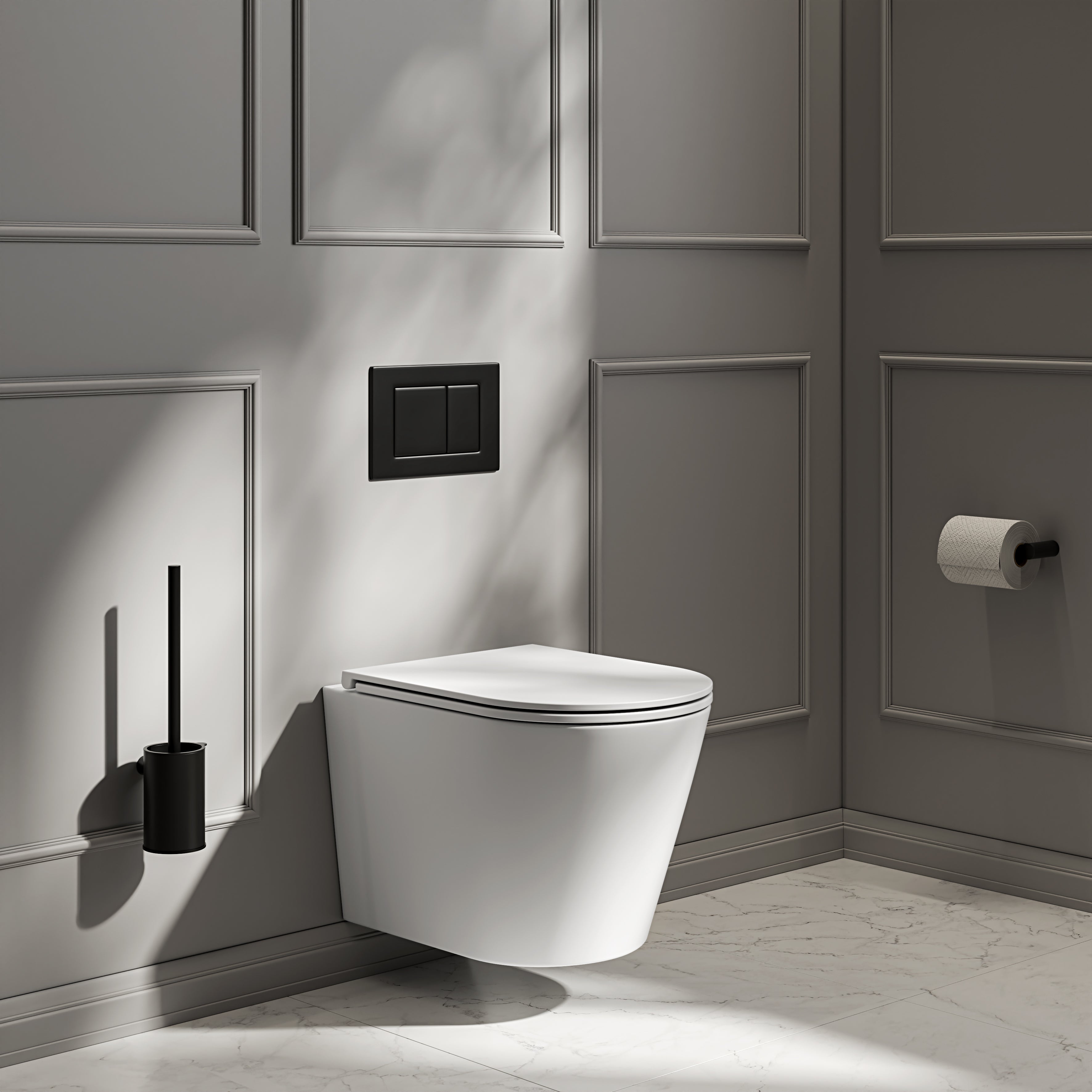 Nuvo Wall Hung Rimless Matte White Toilet with Concealed Frame Cistern & Matte Black Flush Plate