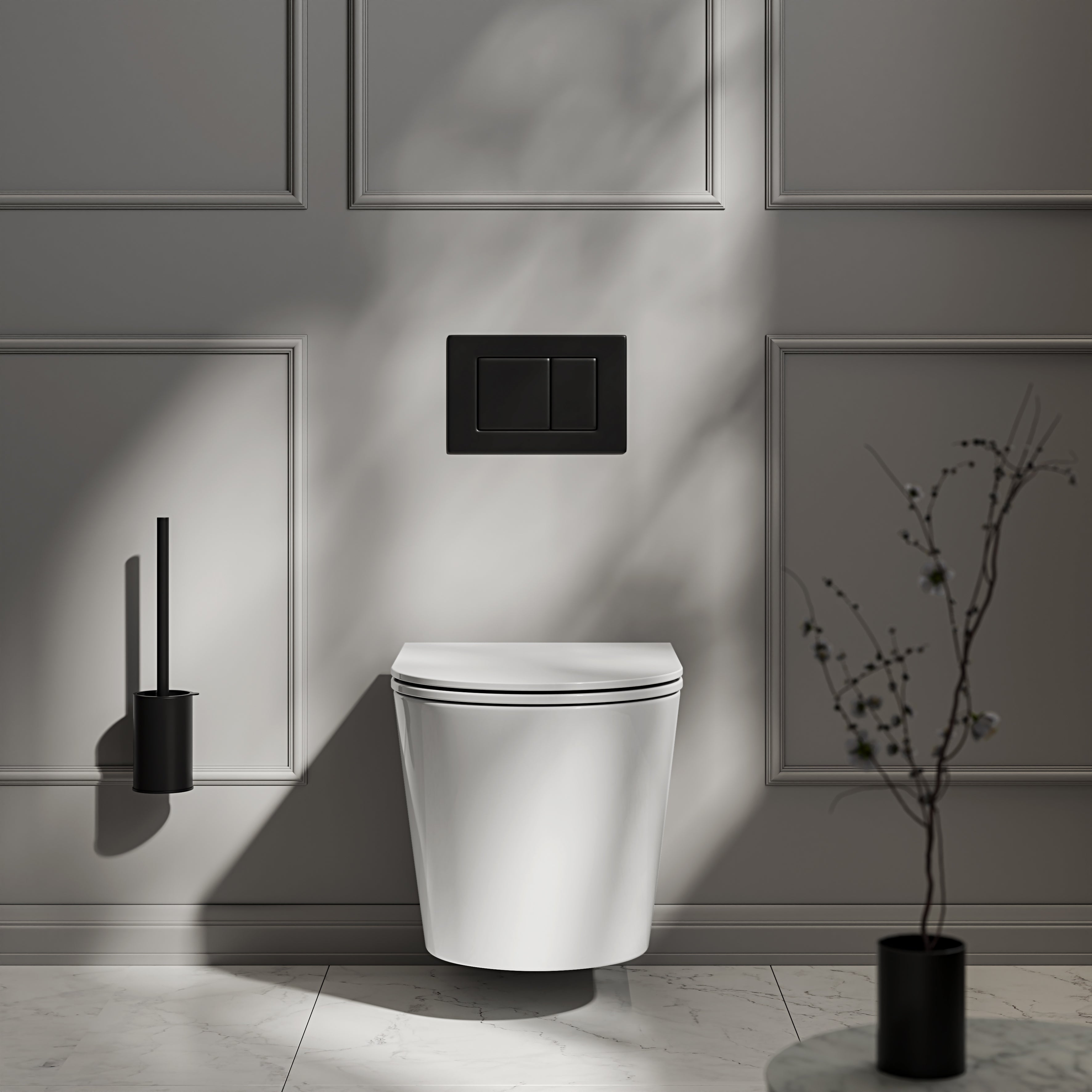 Nuvo Wall Hung Rimless Polished White Toilet with Concealed Frame Cistern & Matte Black Flush Plate