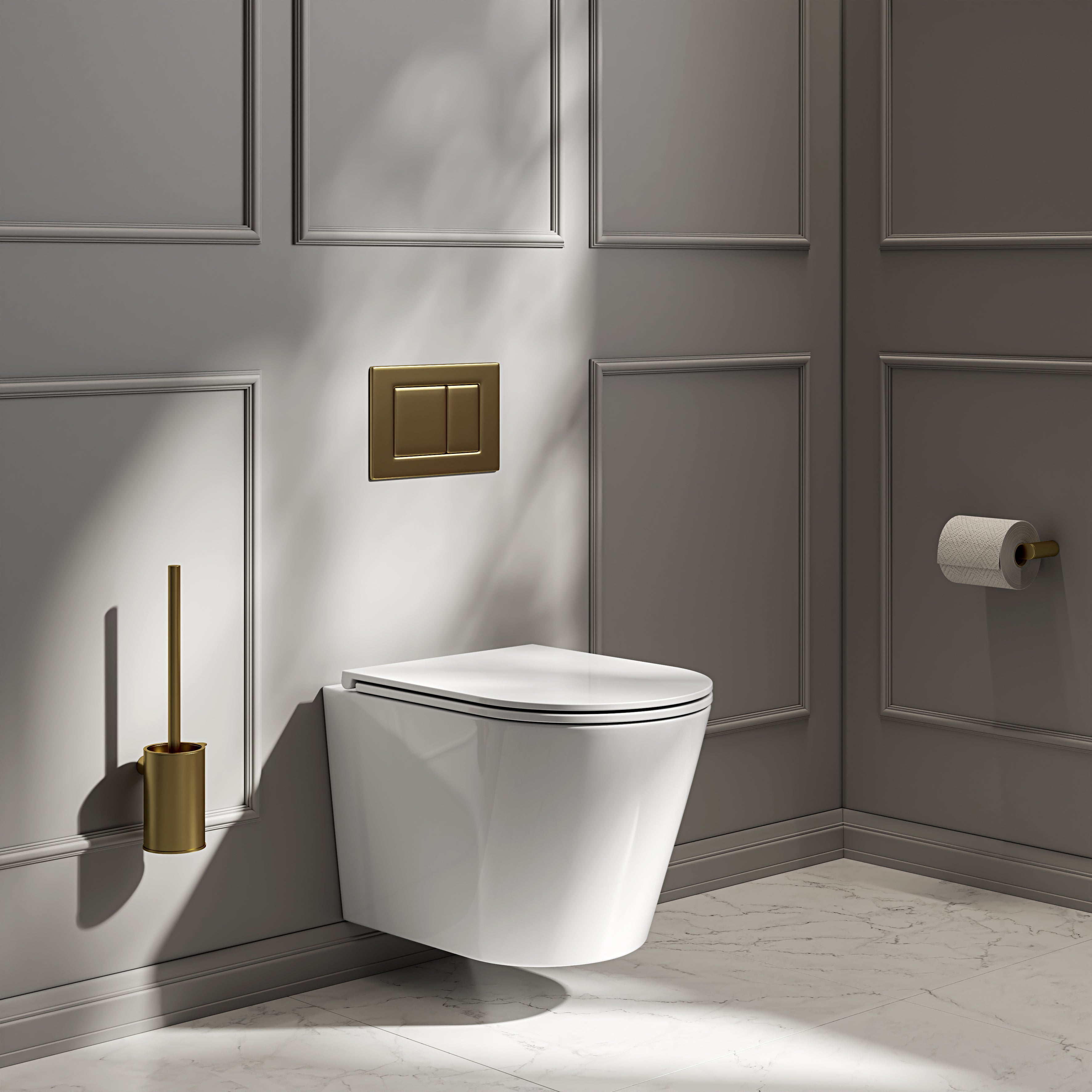 Nuvo Wall Hung Rimless Polished White Toilet with Concealed Frame Cistern & Brushed Gold Plate