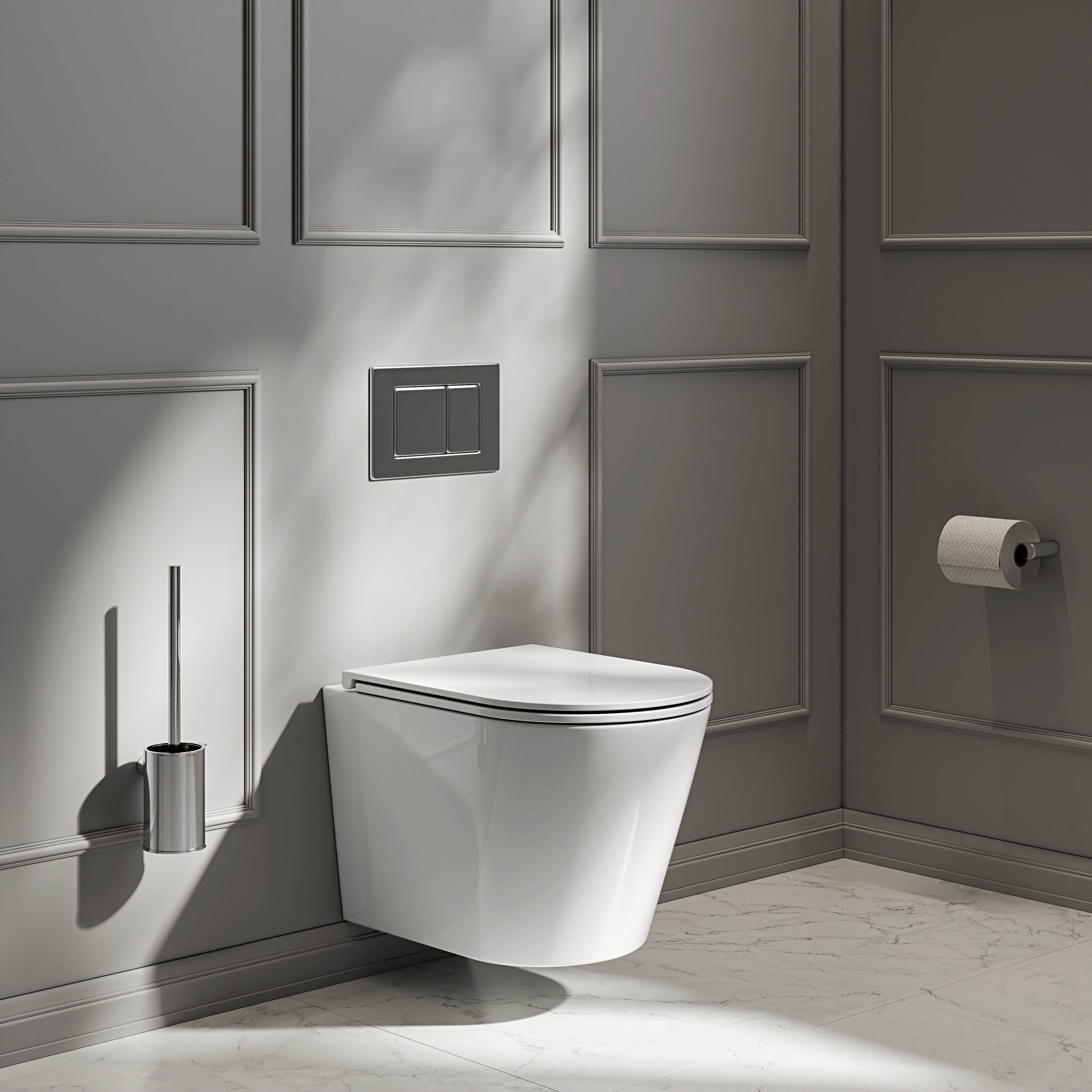Nuvo Wall Hung Rimless Polished White Toilet with Concealed Frame Cistern & Chrome Flush Plate